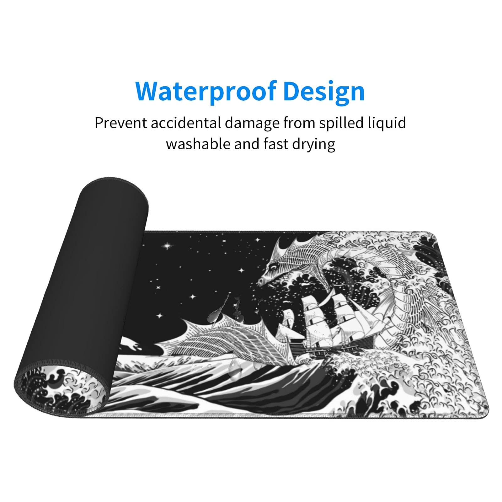 Japanese Waves & Sea Dragon Gaming Mouse Pad - Black & White XL Extended Large Mouse Mat (31.5