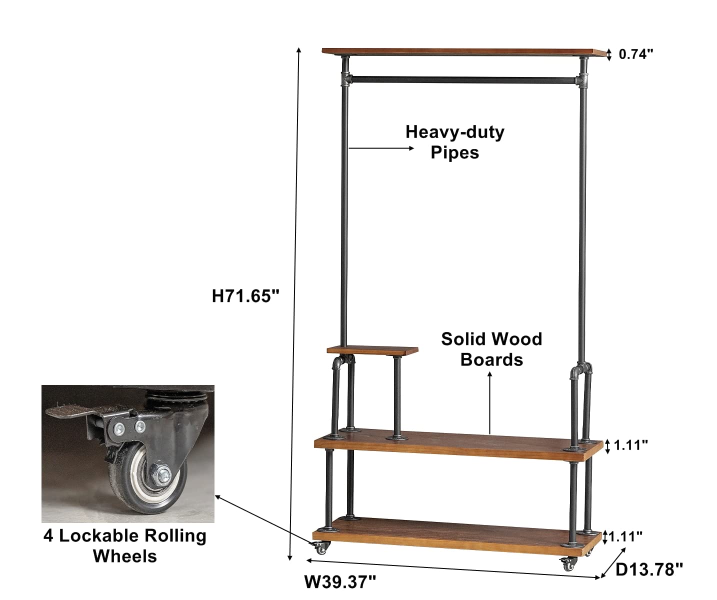 Heavy Duty Industrial Rolling Garment Rack - Steampunk Pipe Style Clothes Rack with Shelf & Shoe Storage | Mobile Hall Tree for Home, Retail Store & Boutique Organization | Rustic Wood & Metal Design for Bedroom, Closet or Commercial Use