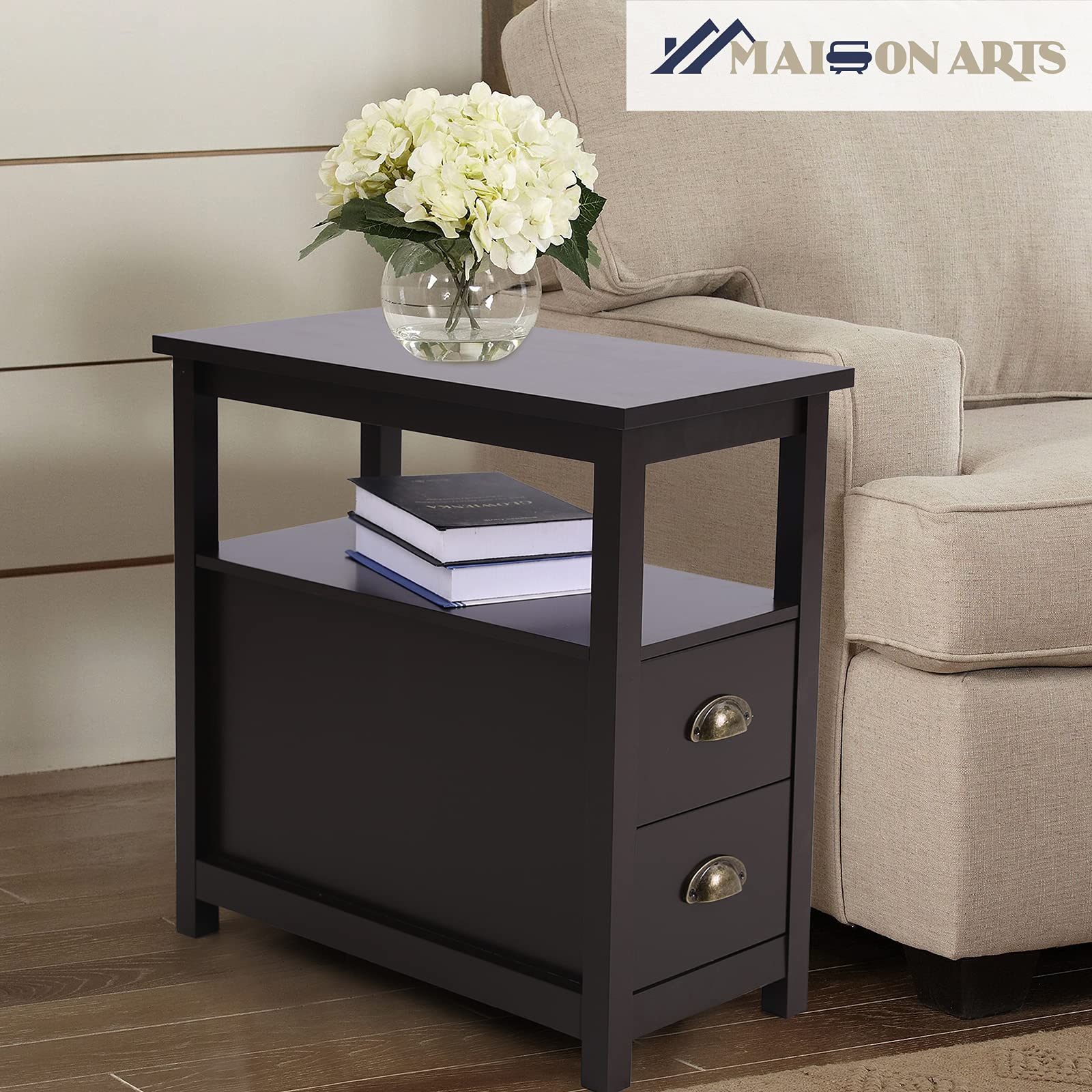 MAISON ARTS Brown Narrow End Table with 2 Storage Drawers & Open Shelf - Compact Sofa Side Table, Nightstand for Bedroom & Living Room - Perfect for Small Spaces, Apartment Decor, Coffee Table Alternative (Brown)