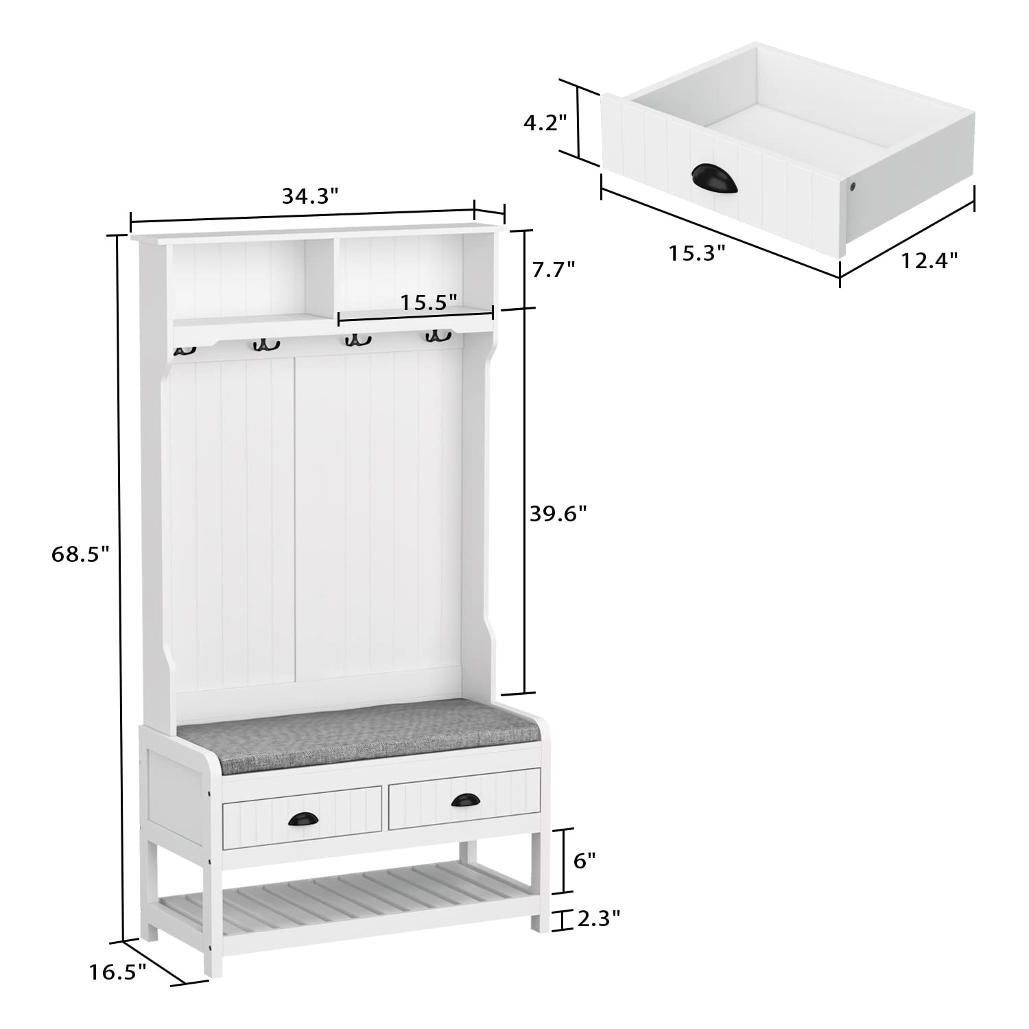 Homsee Modern Hall Tree with Storage Bench - 4-in-1 Entryway Organizer with Coat Rack, 4 Metal Double Hooks, Shelves & 2 Drawers - White Hallway Furniture for Living Room, Foyer & Entryway - Perfect for Storing Shoes, Coats & Home Decor