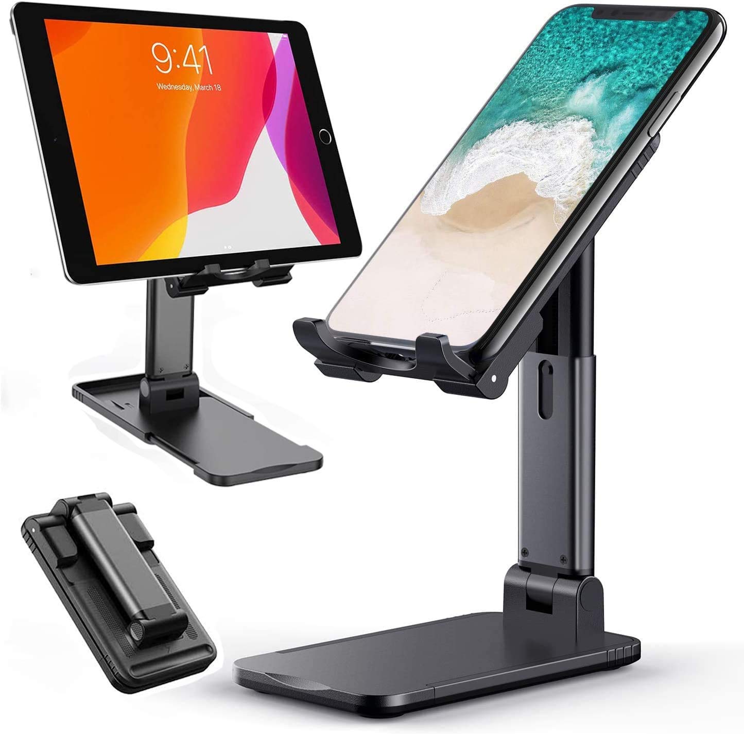 Adjustable Phone Stand for Desk - Foldable & Portable Cell Phone & Tablet Holder with Angle & Height Adjustment - Perfect for Office, Home, or Travel (Black)