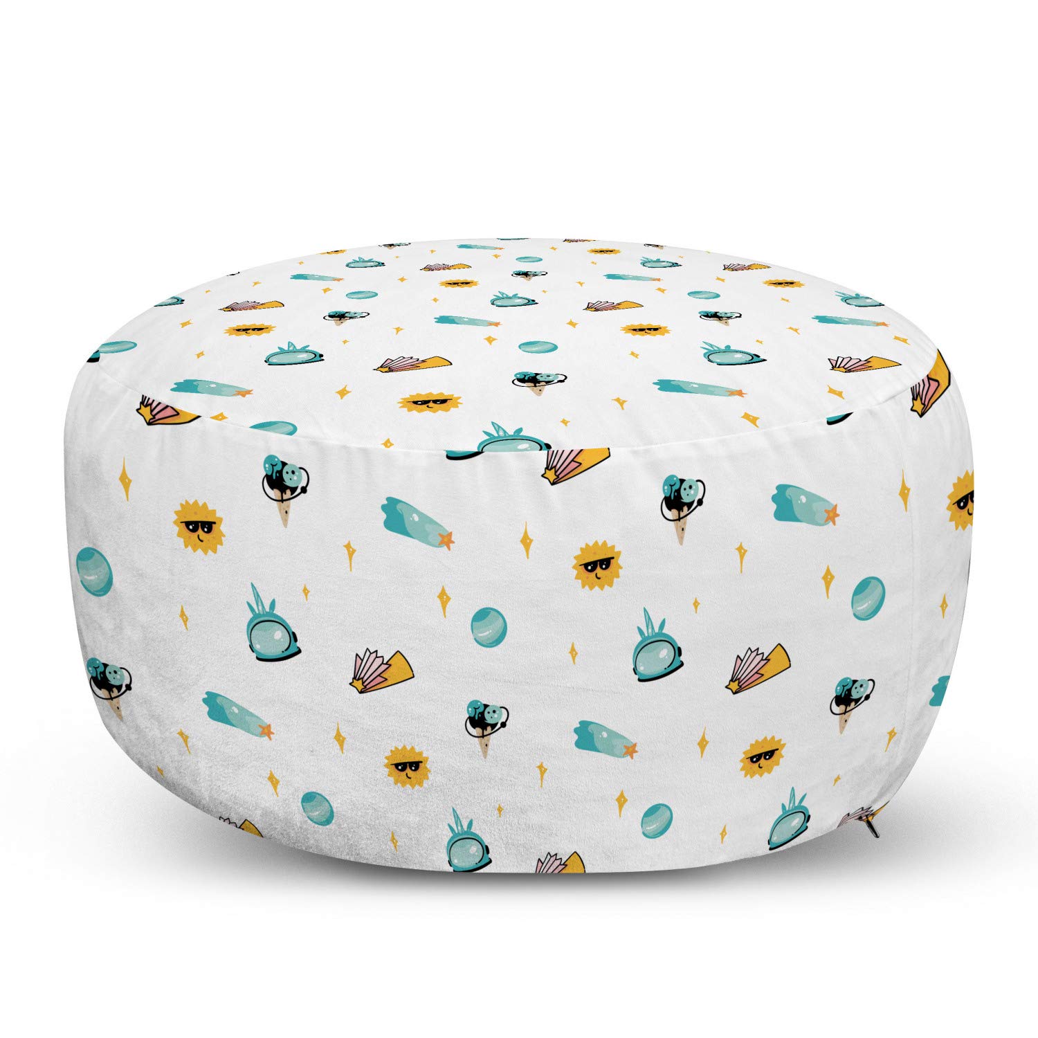 Ambesonne Summer Ottoman Pouf - Soft Foot Rest with Removable Cover, Ice Cream Sun & Stars Design in Turquoise & Earth Yellow for Living Room & Bedroom Decor | Perfect for Relaxing, Reading & Adding Boho Style