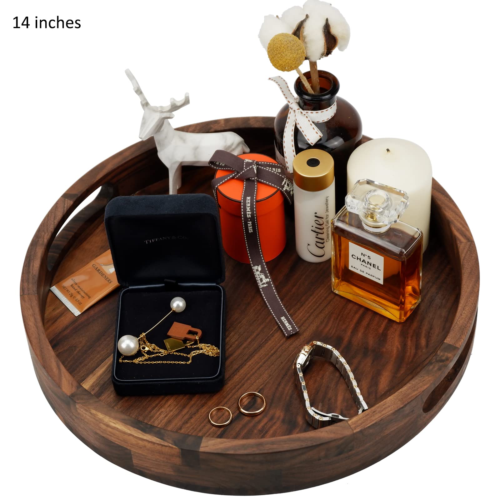 Set of 2 Large Round Black Walnut Wood Ottoman Trays with Handles - 14 & 12 Inch Classic Wooden Serving Tray for Tea, Coffee & Decor - Perfect for Living Room, Bedroom & Coffee Table Use