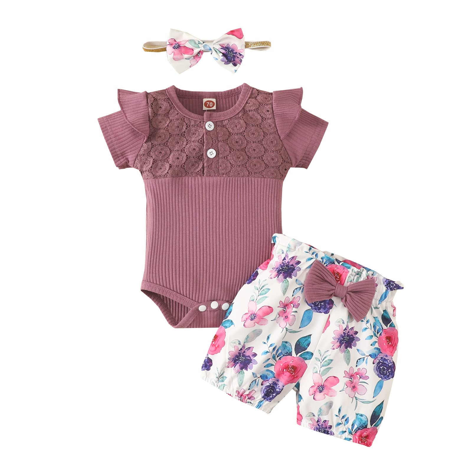 3PCS Newborn Baby Girl Clothes Set - Short Sleeve Romper & Floral Shorts with Headband | Cute Summer Outfits for Infants | Perfect for Photoshoots, Playdates & Outdoor Activities