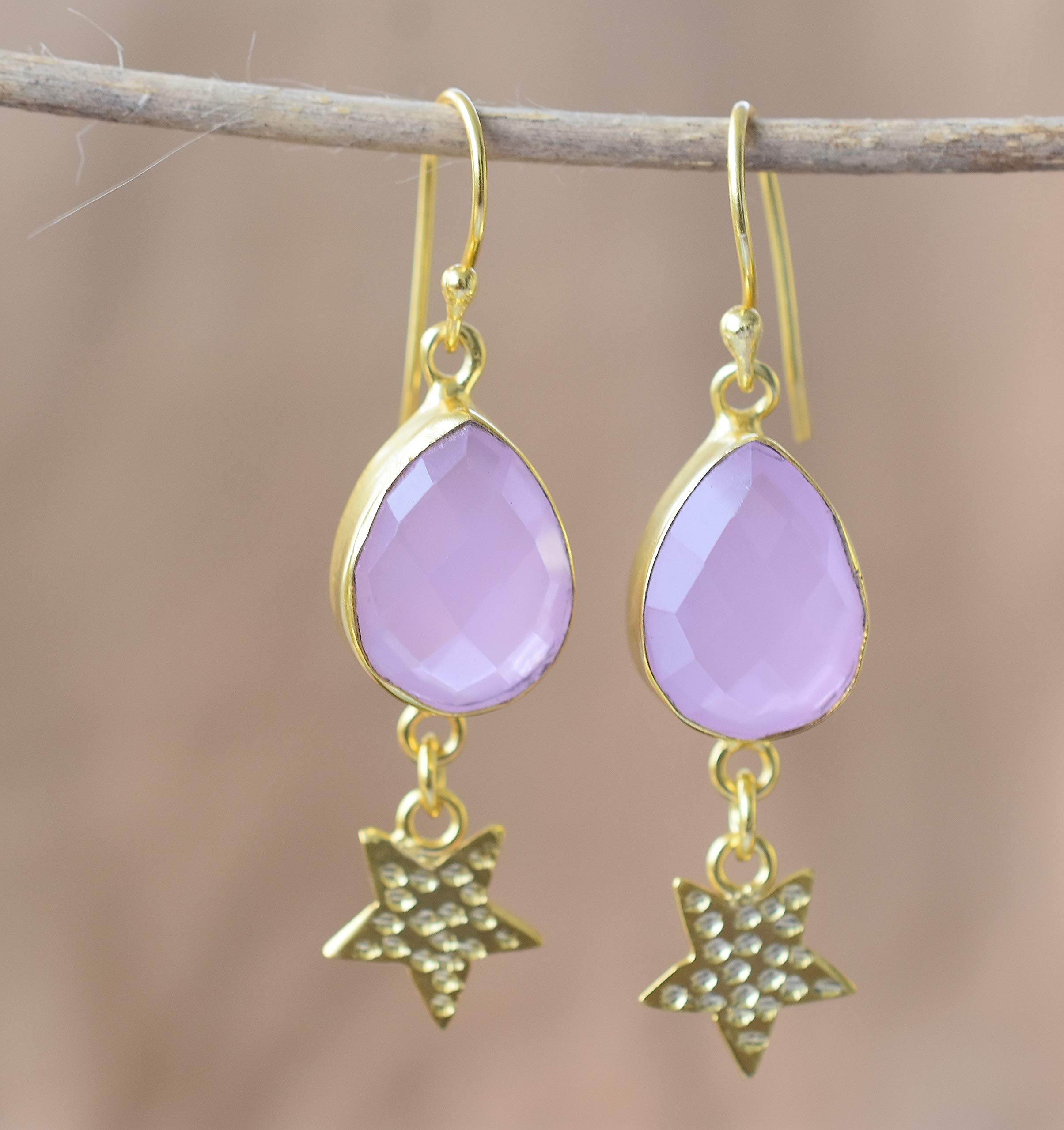 Handmade Pink Rose Quartz Earrings - Star & Teardrop Bridesmaid Jewelry Gift for Women, Girls & Moms | VE-085 | Perfect for Weddings, Anniversaries & Special Occasions