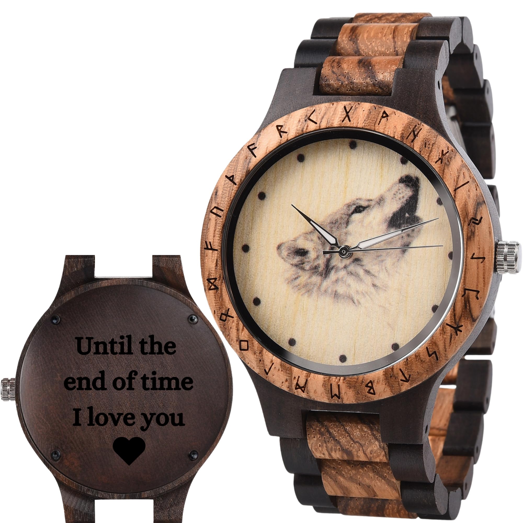 Premium Viking-Themed Wooden Watches for Men – Handcrafted Engraved Wooden Chronograph Wristwatch – Personalized Luxury Gift for Him – Custom Name/Date Engraving – Perfect for Outdoor Adventures, Business Meetings & Unique Gifts