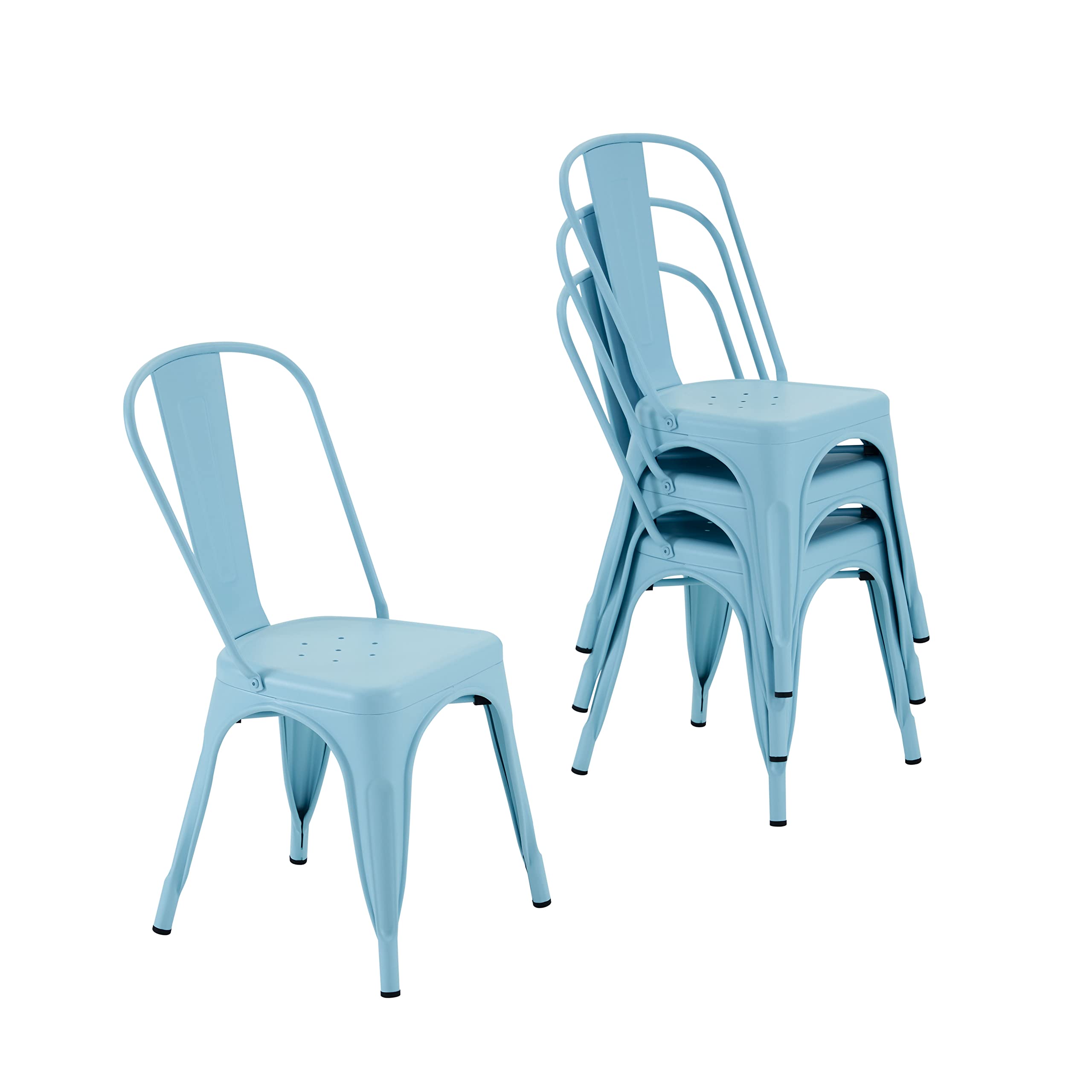 Nazhura Metal Dining Chair Set of 4 - 18 Inch Stackable Farmhouse Tolix Style Waterproof Indoor Outdoor Chairs for Kitchen, Dining Room, Café, Restaurant, Bistro & Patio - Perfect for Home Decor, Commercial Use & Outdoor Entertaining (Blue)