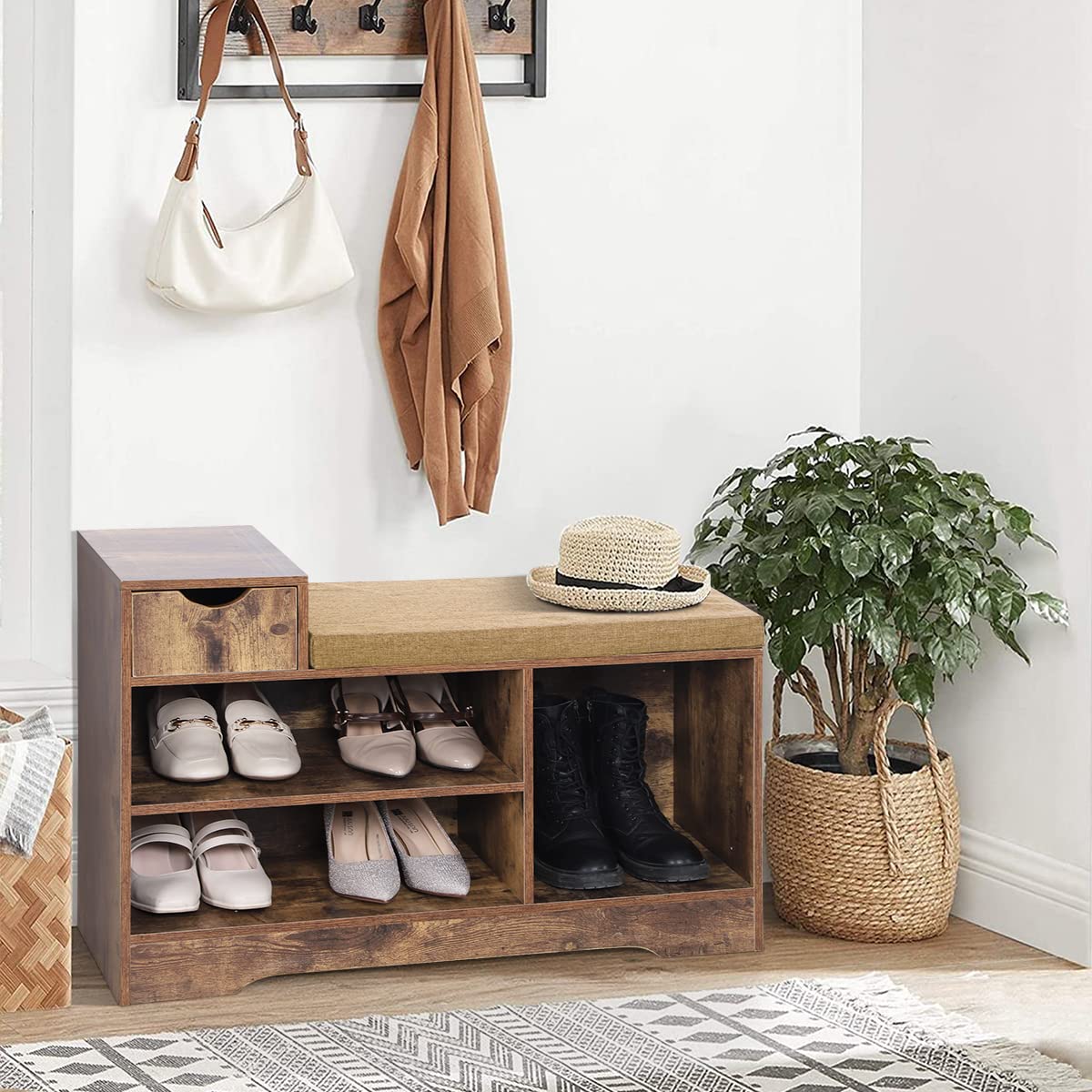 PHI VILLA Rustic Brown Shoe Storage Bench with Cushion - Entryway Shoe Organizer Cabinet for Living Room, Hallway & Mudroom - Perfect for Small Spaces & Home Organization