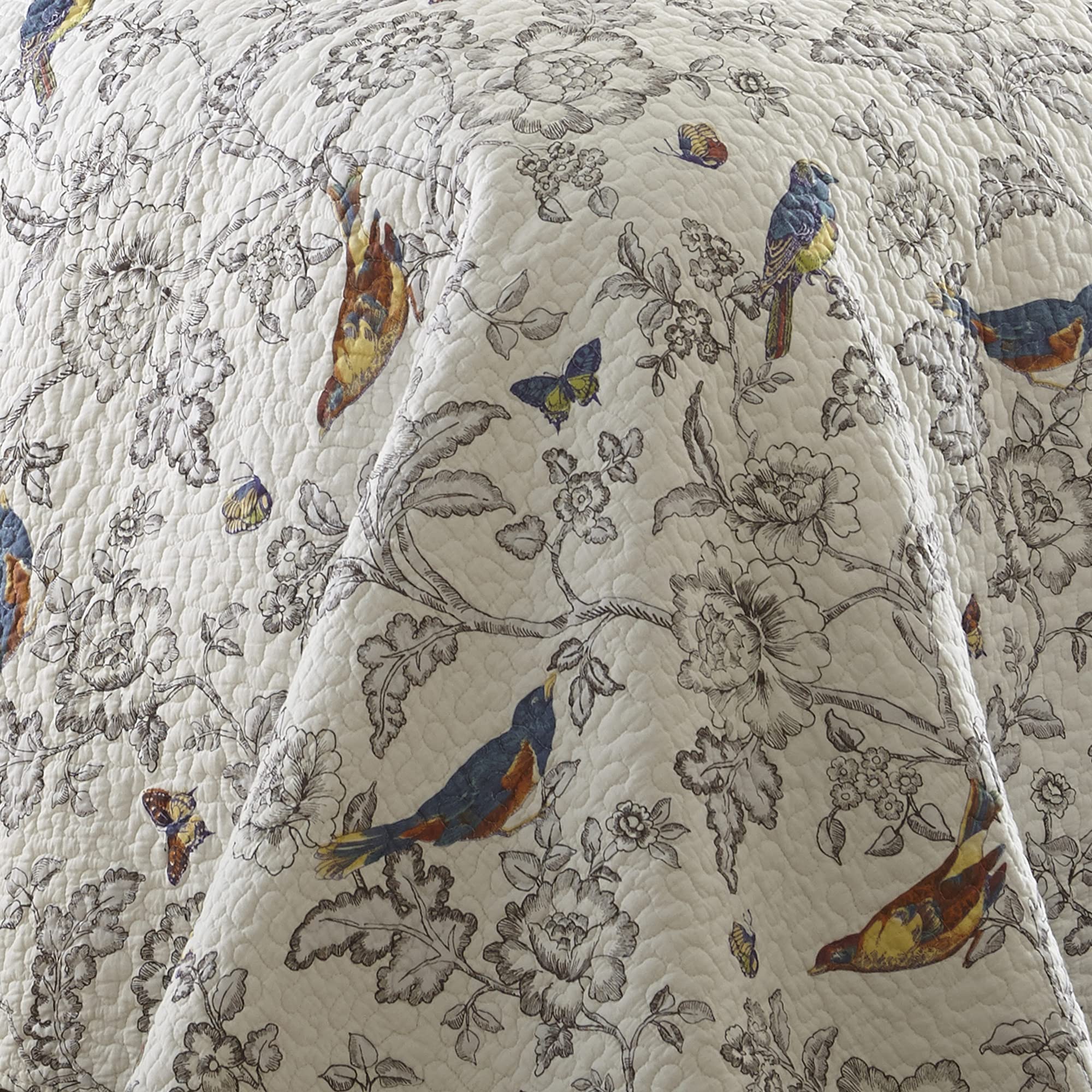 Levtex Home Mockingbird Quilt Set Full/Queen Size 88x92 Inches with 2 Standard Pillow Shams 26x20 Inches - Grey Toile Bird & Butterfly Print Reversible Cotton Bedding - Perfect for Guest Rooms, Master Bedrooms & Cozy Farmhouse Decor