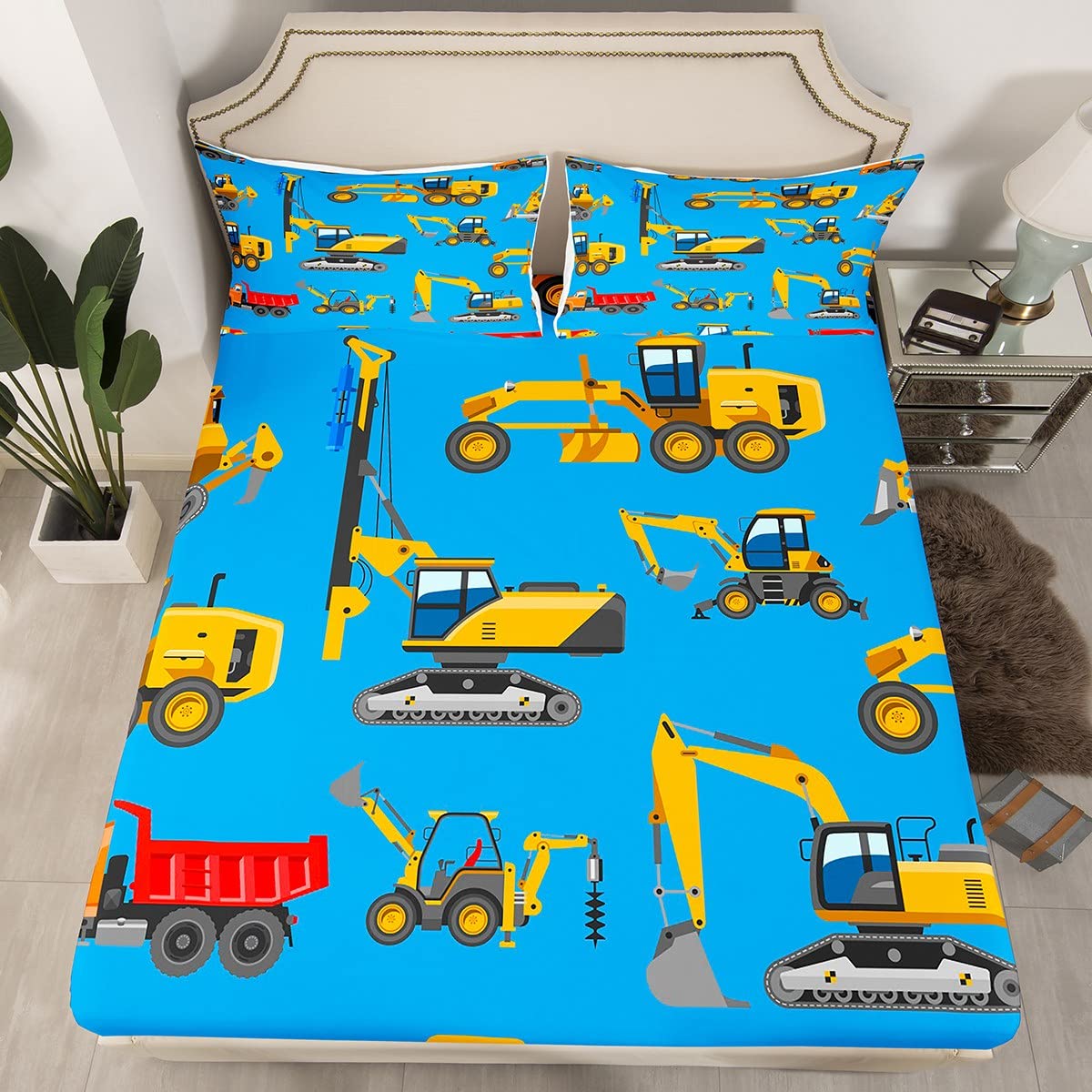 Kids Construction Excavator Truck Fitted Sheet Set - Queen Size Yellow Tractor Print Bedding for Boys & Girls (1 Top Sheet, 1 Fitted Sheet, 2 Pillowcases) - Perfect for Themed Bedrooms, Birthday Gifts & Construction Lovers