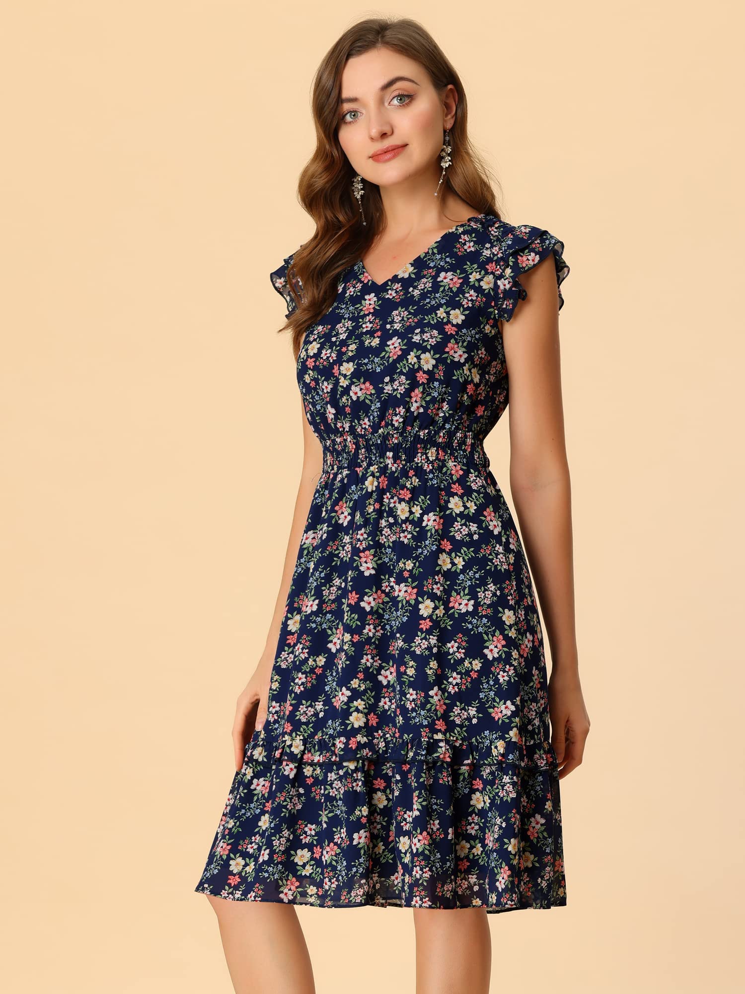 Allegra K Women's Floral Print Flutter Sleeve V-Neck Smocked Ruffle Summer Dress | Casual & Party Wear | Perfect for Beach Vacations, Date Nights & Outdoor Events