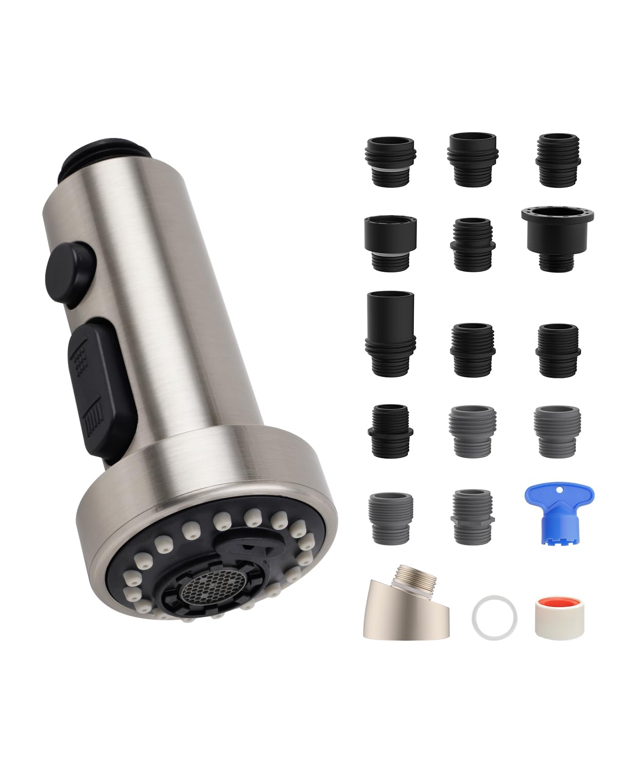 Hibbent Pull Down Kitchen Faucet Spray Head Replacement - 3 Function Sink Faucet Nozzle with 15 Universal Adapters - Fits Moen, Delta, Kohler, American Standard - Brushed Nickel Finish - Ideal for Kitchen Sink Upgrades & DIY Plumbing Repairs