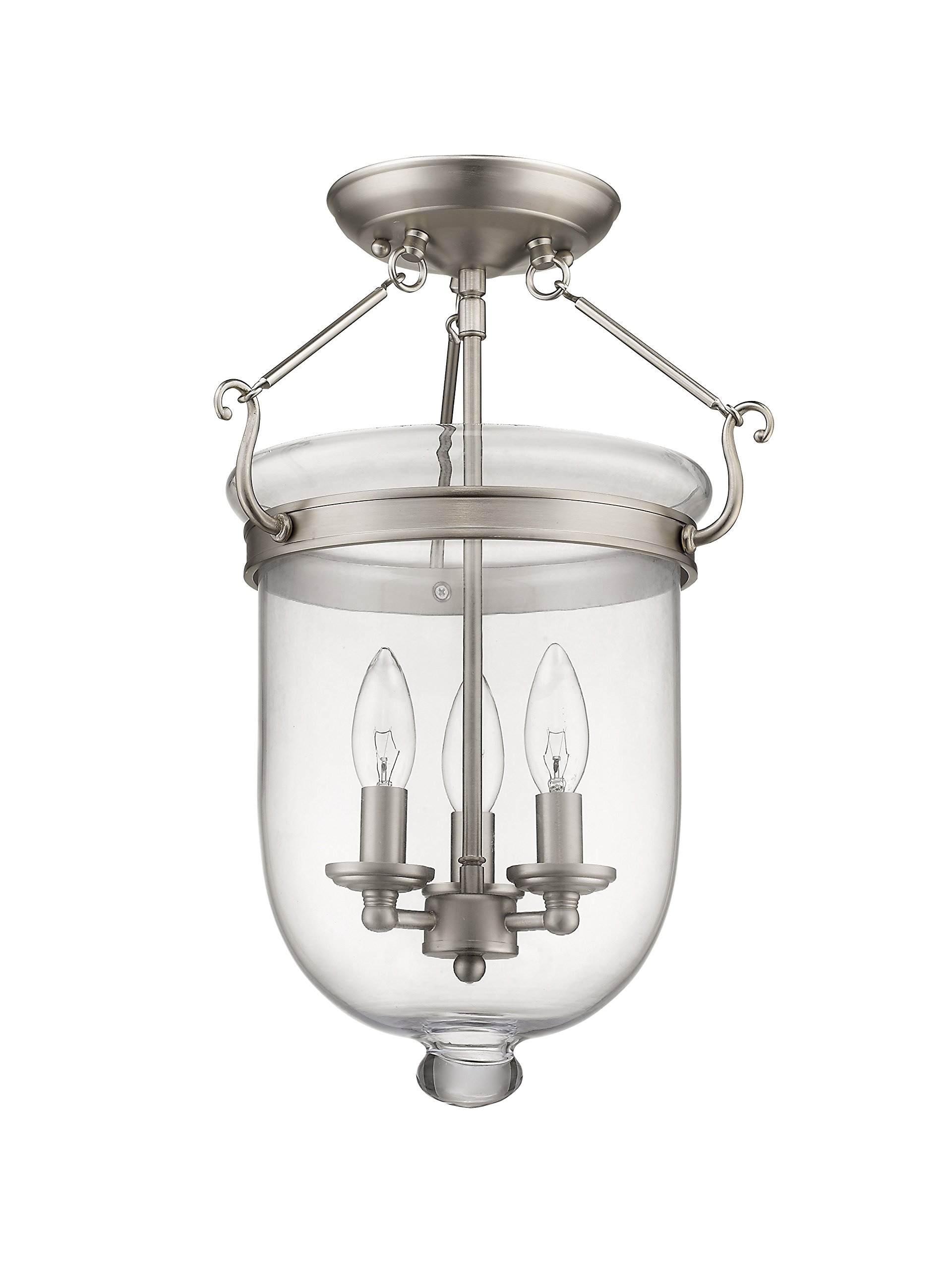 Livex Lighting Jefferson 3-Light Brushed Nickel Semi-Flush Mount Bell Jar Ceiling Fixture with Clear Glass Shades - Perfect for Dining Room, Bedroom, or Entryway Lighting