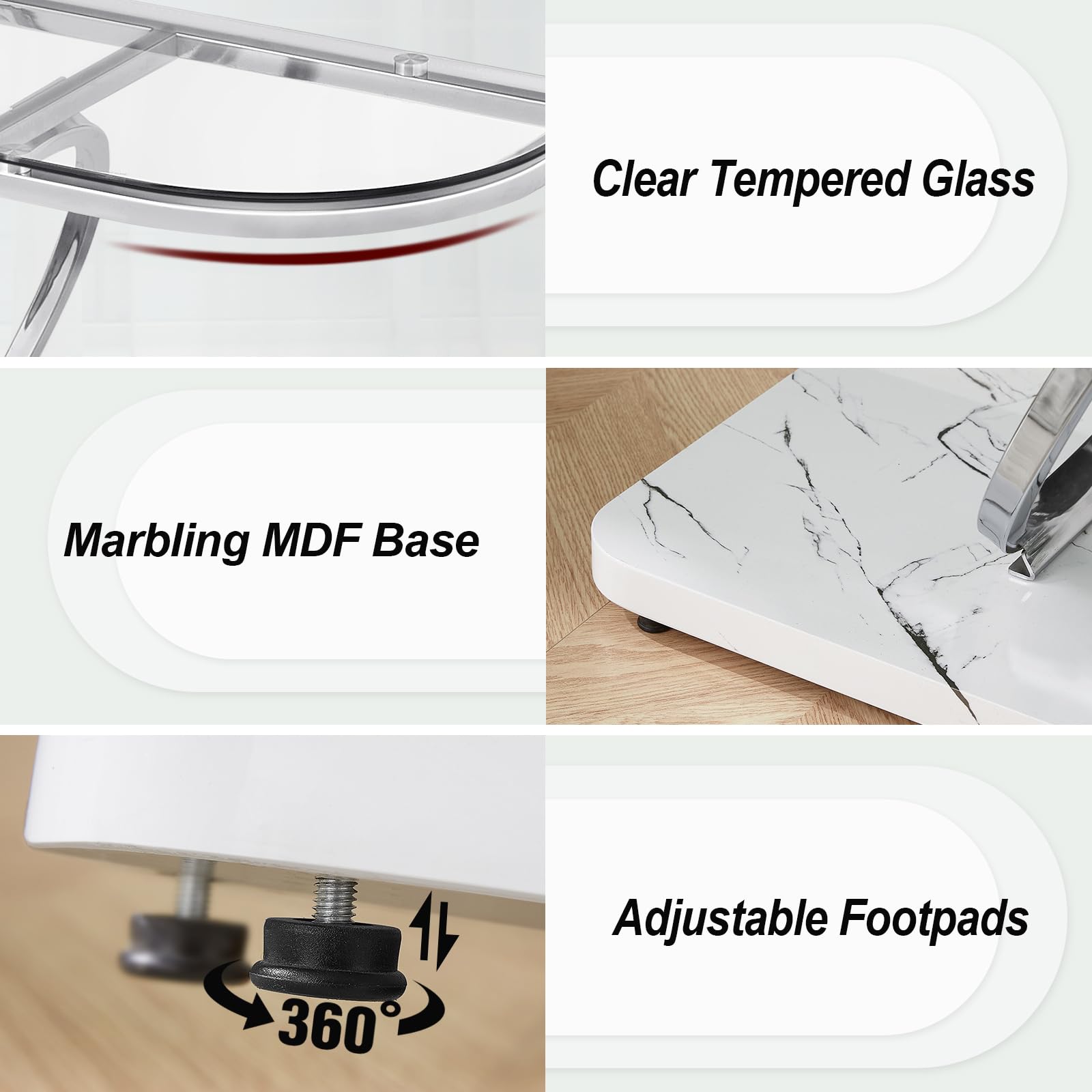 Modern Entryway Table with Oval Frames & Marble MDF Base - Tempered Glass Console Table for Living Room, Hallway, Bedroom - Silver & Clear Glass - Perfect for Small Spaces, Apartment Decor, and Home Entryway Organization