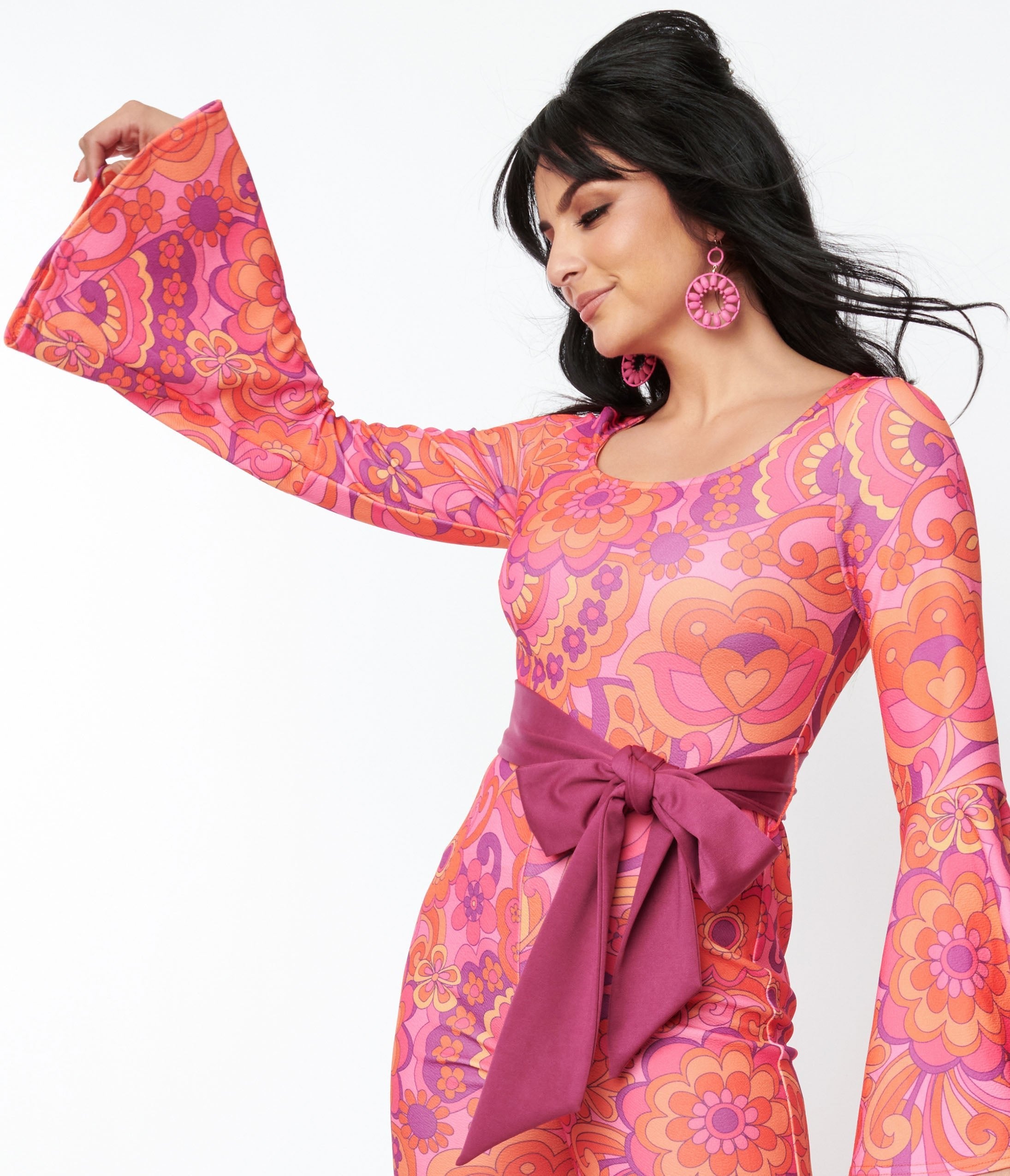 Smak Parlour Pink Mod Floral Bell Sleeve Jumpsuit | Women's Retro 60s Style Romper | Perfect for Parties, Weddings & Vintage Fashion