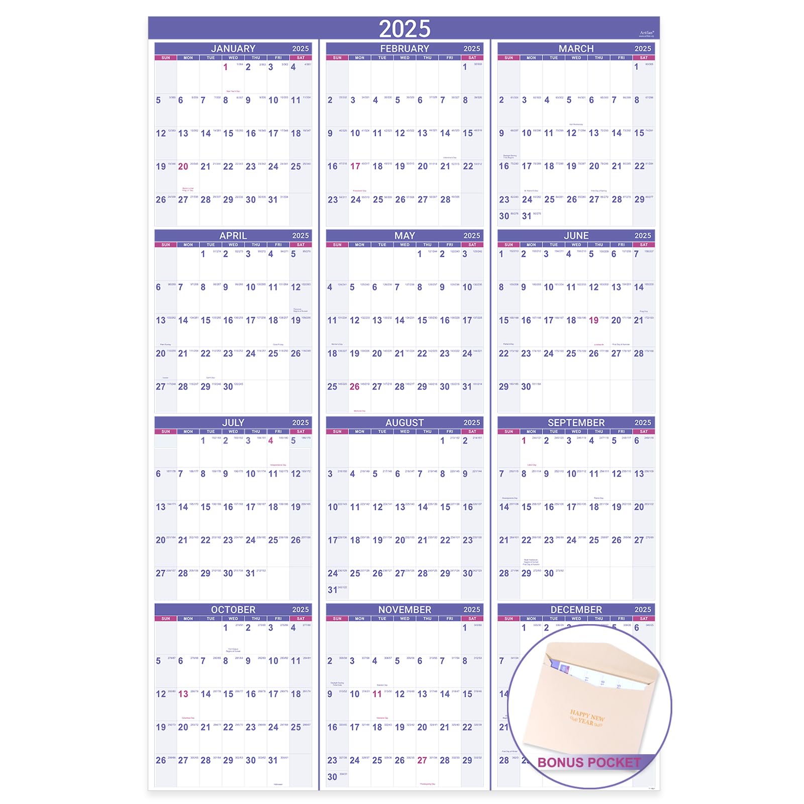 2025 Yearly Wall Calendar with Julian Dates - Premium Thick Paper Vertical Planner (Jan-Dec 2025) | 34.8