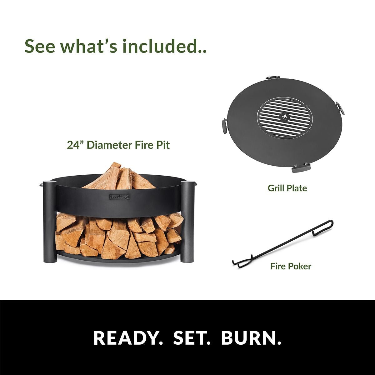 Montana 24 Inch Outdoor Fire Pit with Removable Grill Plate - Perfect for Backyard Camping, BBQ Parties & Patio Gatherings