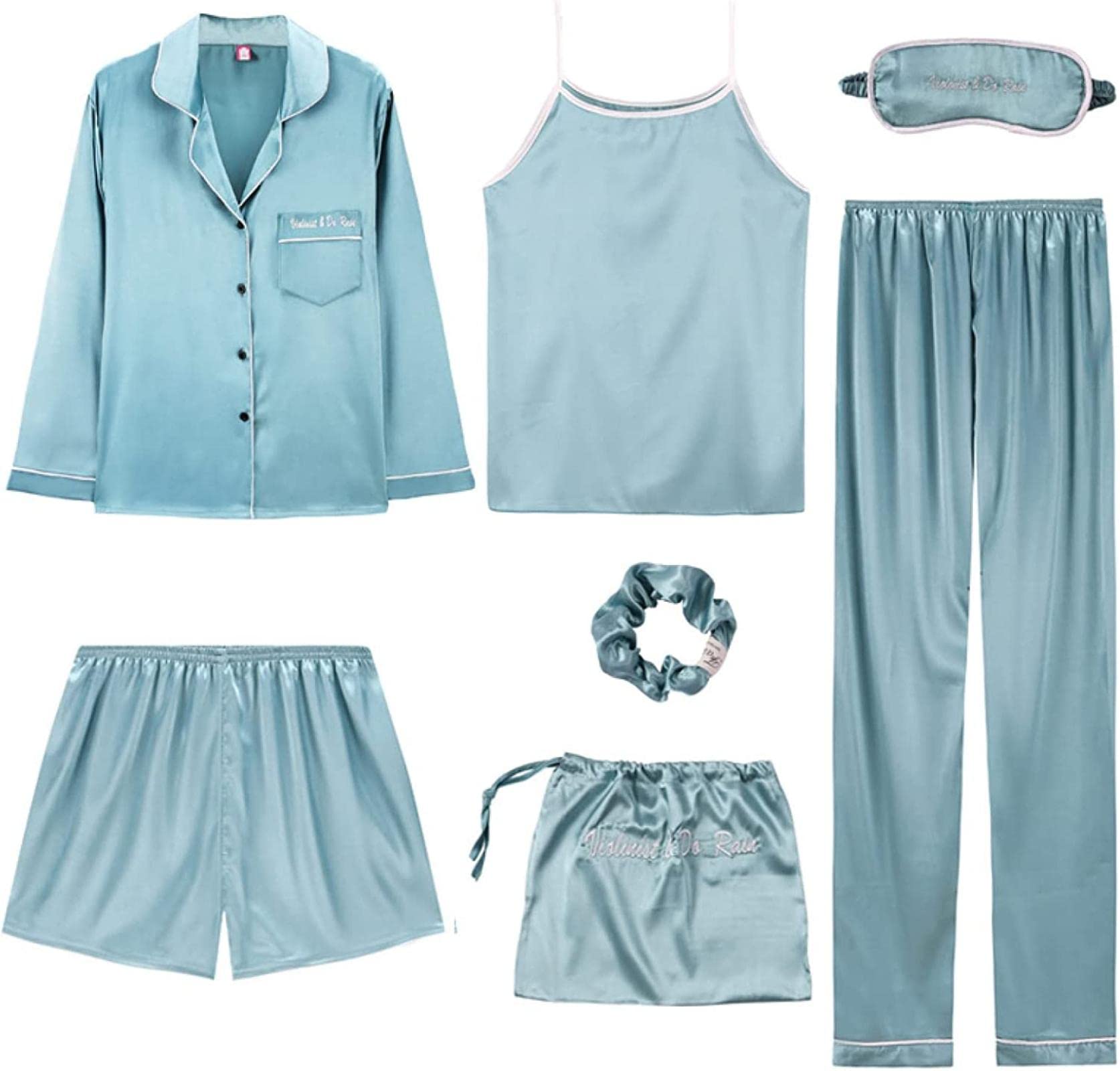 Women's 7-Piece Summer Satin Pajama Set with Suspenders - Soft Silk Sleepwear for Women - Comfortable Lounge & Home Wear - Perfect for Sleepovers, Relaxing at Home and Gift Giving
