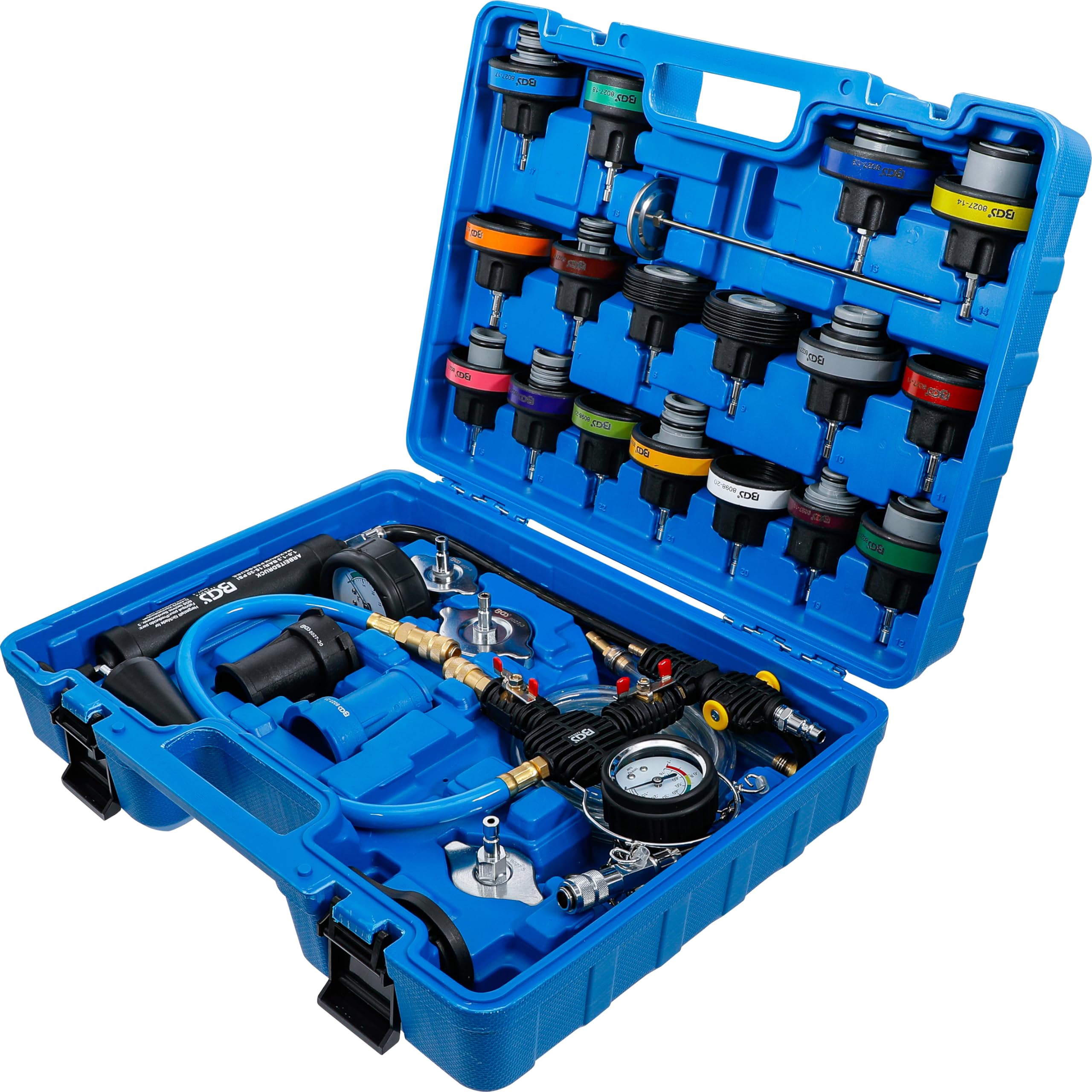 BGS 8098 Radiator Pressure and Cooling System Tester Kit with Refilling System - 28 Piece Automotive Diagnostic Tool Set for Car & Truck Maintenance, Leak Detection, and Cooling System Repair