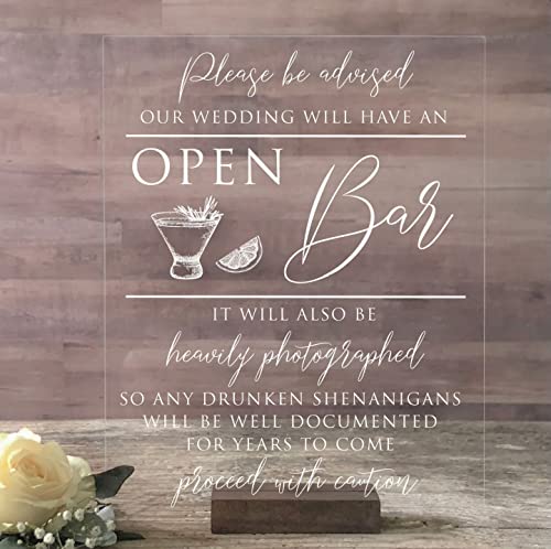 Elegant Open Bar Acrylic Wedding Sign - 8x10 Lucite Cocktail Sign with Dark Walnut Stand - Funny & Decorative Bar Sign for Wedding Reception, Bridal Shower, Anniversary Party - Perfect for Table Decor & Photo Backdrop