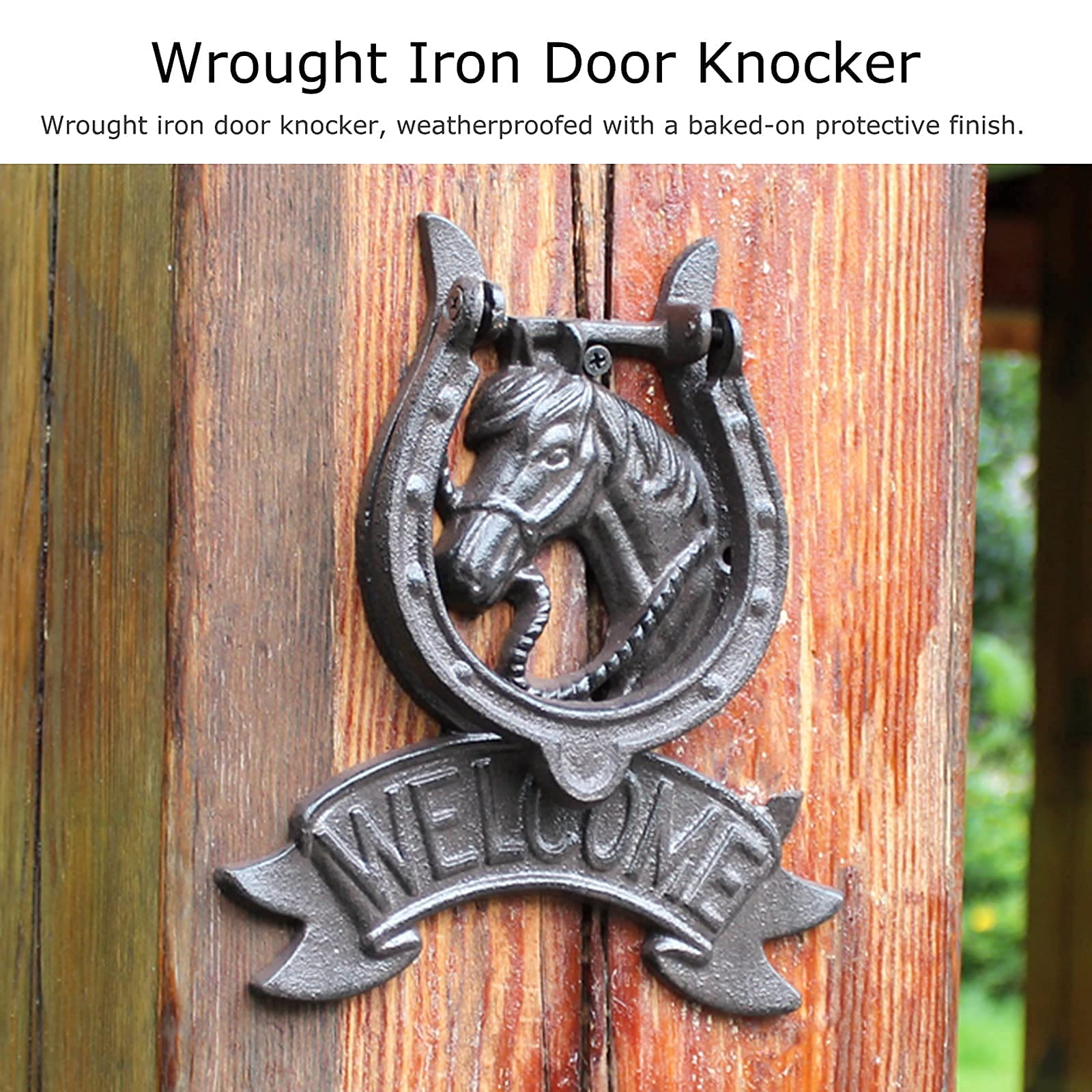 Rustic Horse Welcome Door Knocker - Farmhouse Style Outdoor Hanging Gate Handle for Front Doors, Barn Doors & Wood Doors - Heavy Duty Hardware Included - Perfect for Country Homes, Ranch Houses & Cabin Entryways