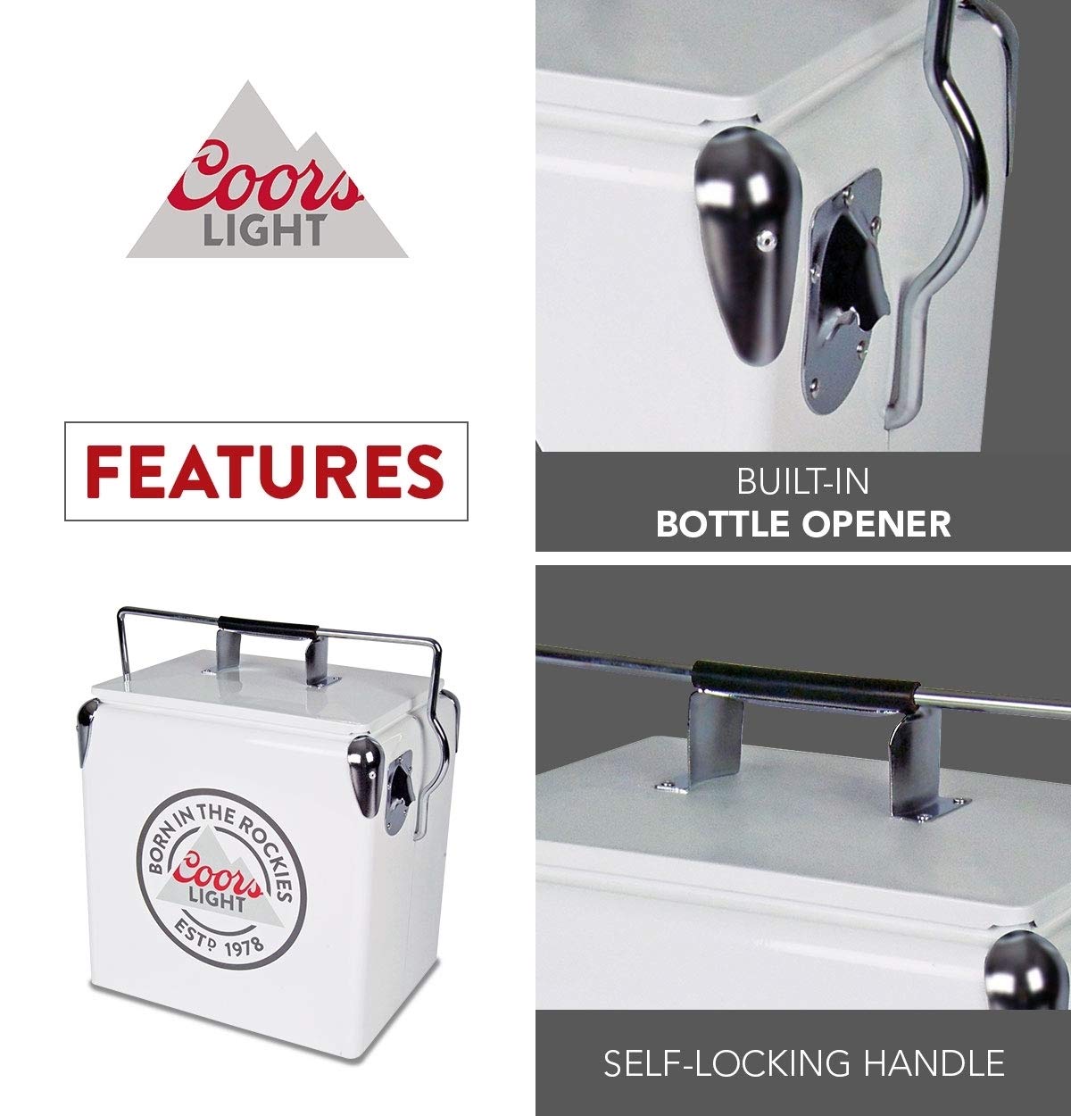 Coors Light Retro Ice Chest Cooler 13L (14 qt) - 18 Can Capacity, White & Silver Vintage Style Cooler with Bottle Opener | Perfect for Camping, Beach, Picnics, RV Trips, BBQs, Tailgating & Fishing Parties
