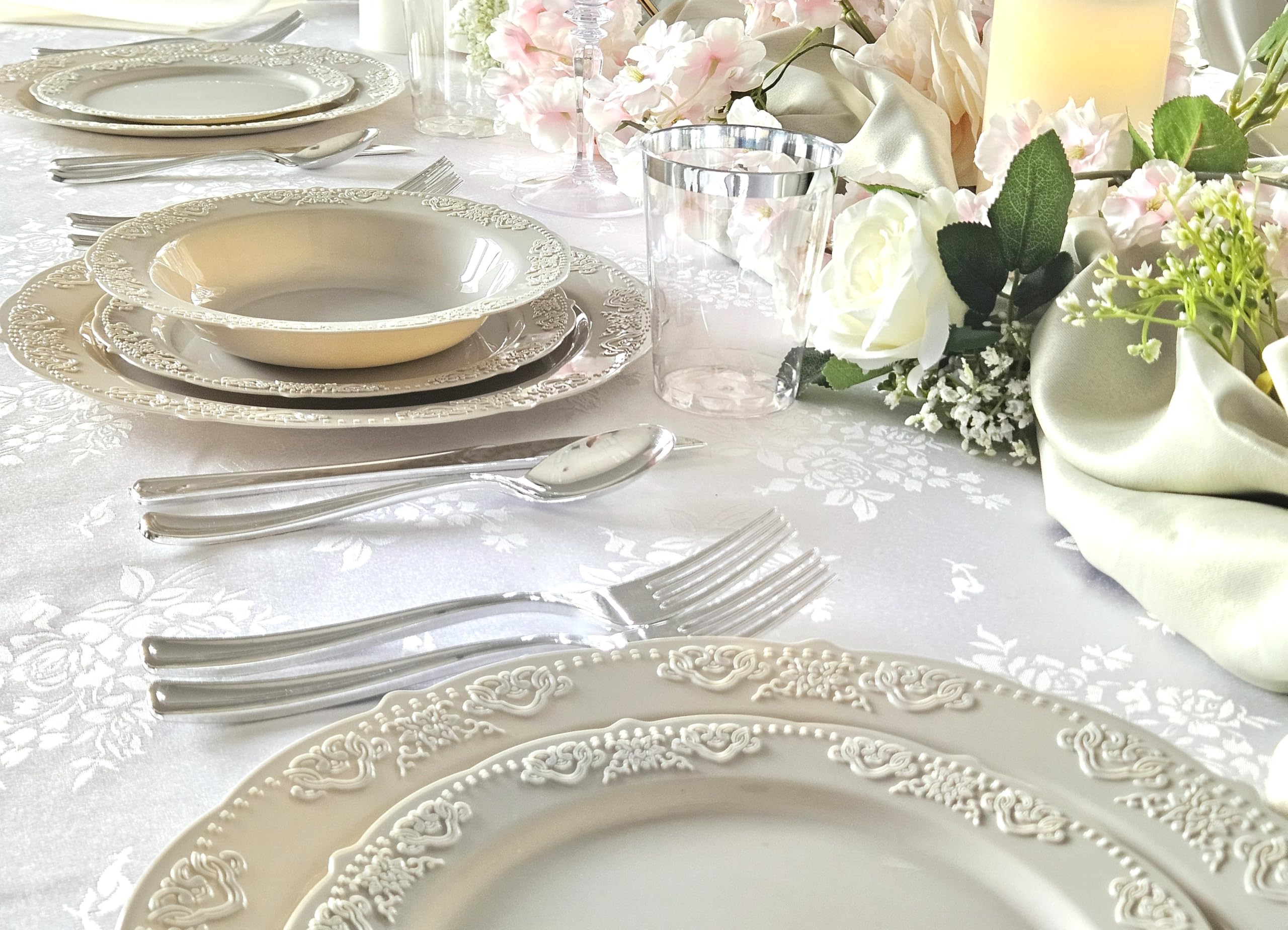 60 Pack Vintage Disposable Plastic Plates & Bowls - 10oz Soup Bowls for Wedding, Party, Picnic, BBQ - Elegant Warm Gray Portofino Design