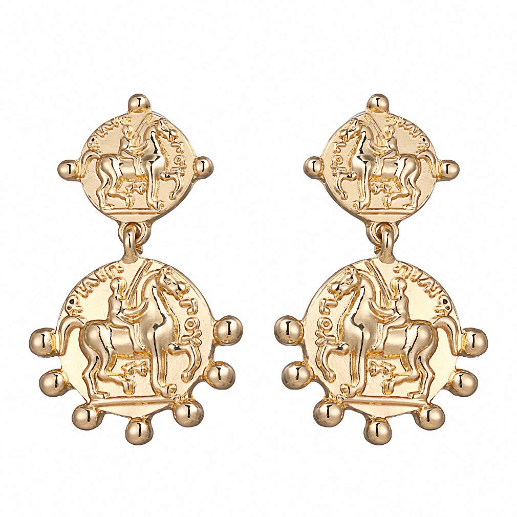 Zinc Alloy Roman Coin Dangle Earrings - Geometric Round Statement Gold Charm Earrings for Women | Vintage Jewelry for Parties, Weddings & Special Occasions