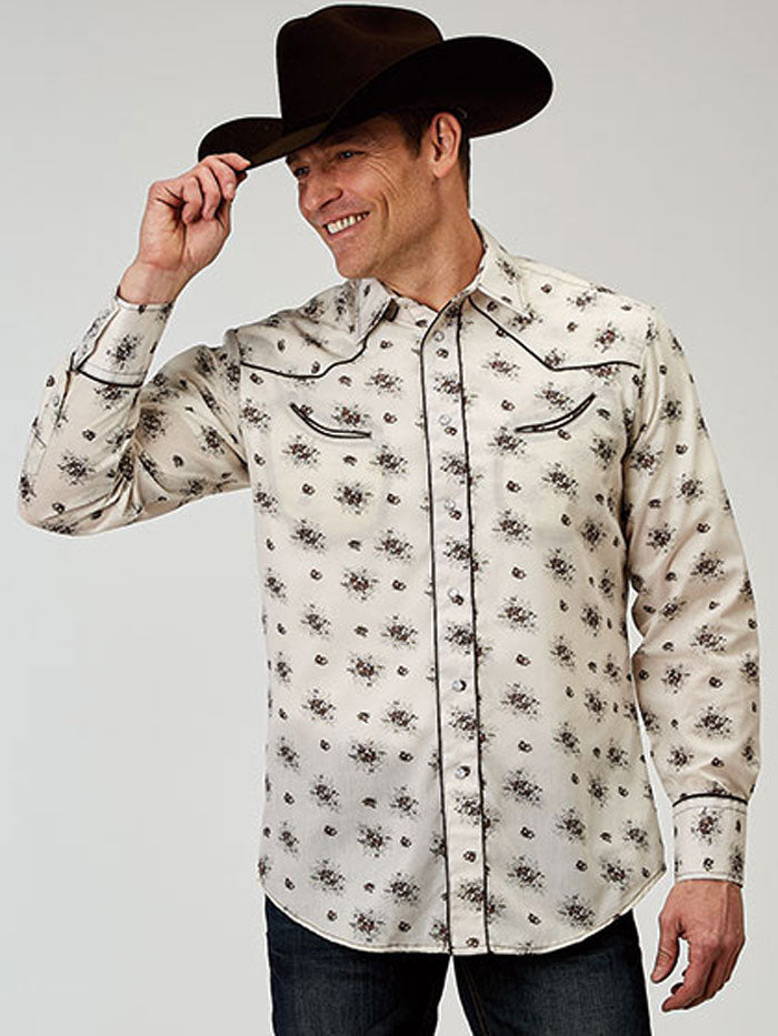 Roper Men's Long Sleeve Western Shirt - Classic Cowboy Style Button Up Shirt with Snap Closure, Comfortable Cotton Blend (Cream, Size 0352) - Perfect for Rodeo, Country Music Festivals & Casual Western Wear