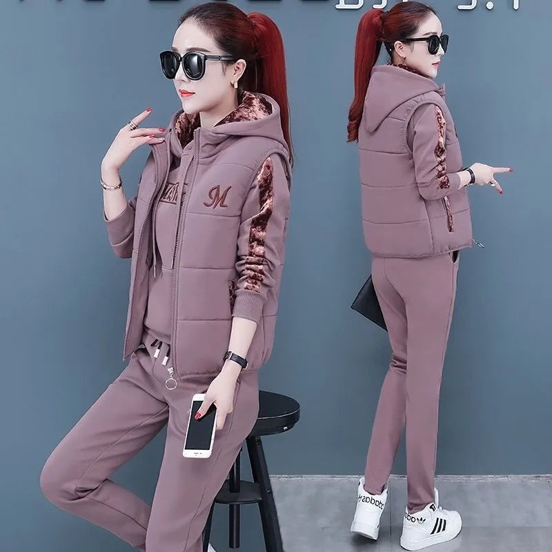 Women's Autumn Winter Casual Sweatpants Set - Plush Thickened Hoodie & Waistcoat 3-Piece Outfit | Cozy Lounge Wear for Home, Gym & Street Fashion