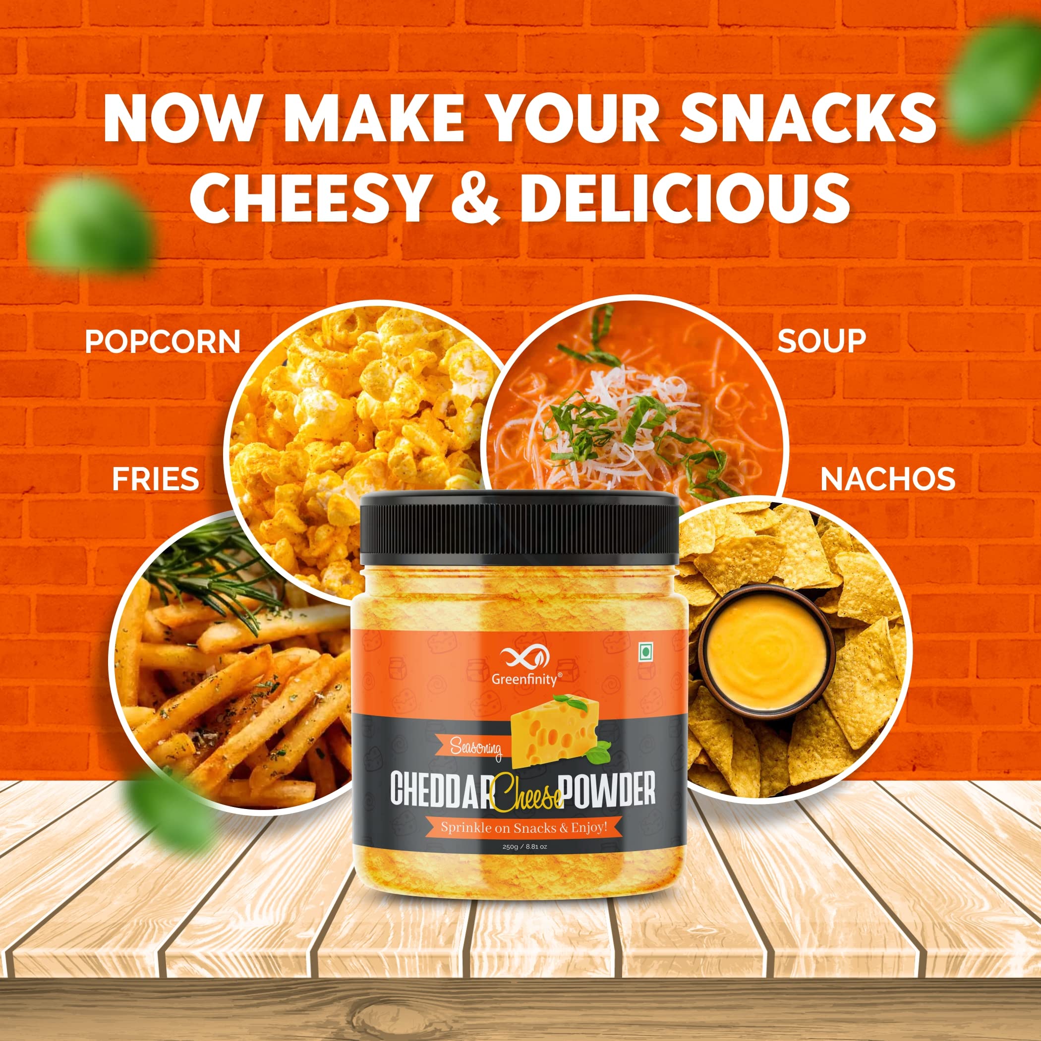 GreenFinity Cheddar Cheese Powder 250g (Pack of 1) - Premium Cheese Powder for Popcorn, Pizza, Pasta & Fries | Rich Cheddar Flavor | Perfect for Snacks, Cooking & Baking at Home