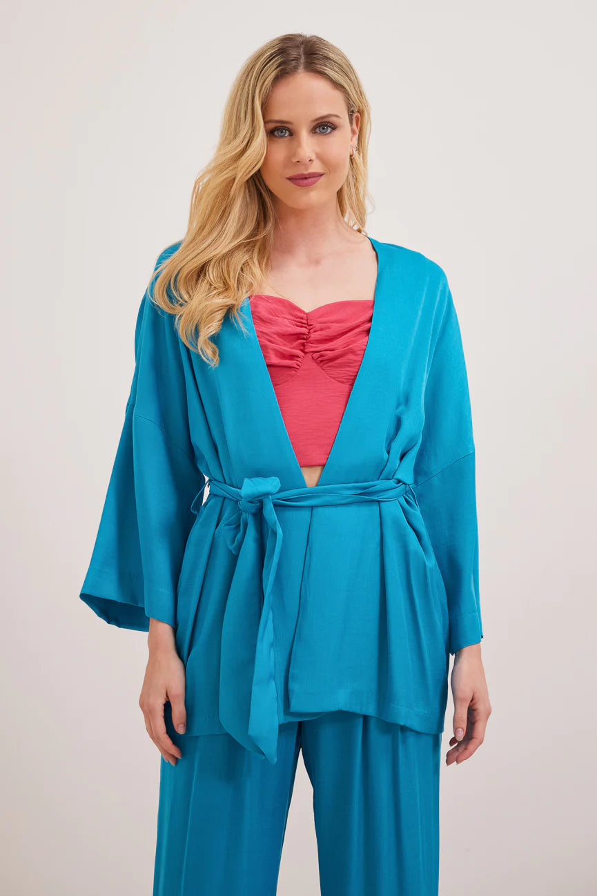CLARISE Kimono Style Jacket for Women - Lightweight Turquoise Cover Up - Boho Chic Loose Fit Cardigan for Beach, Vacation & Summer Outfits