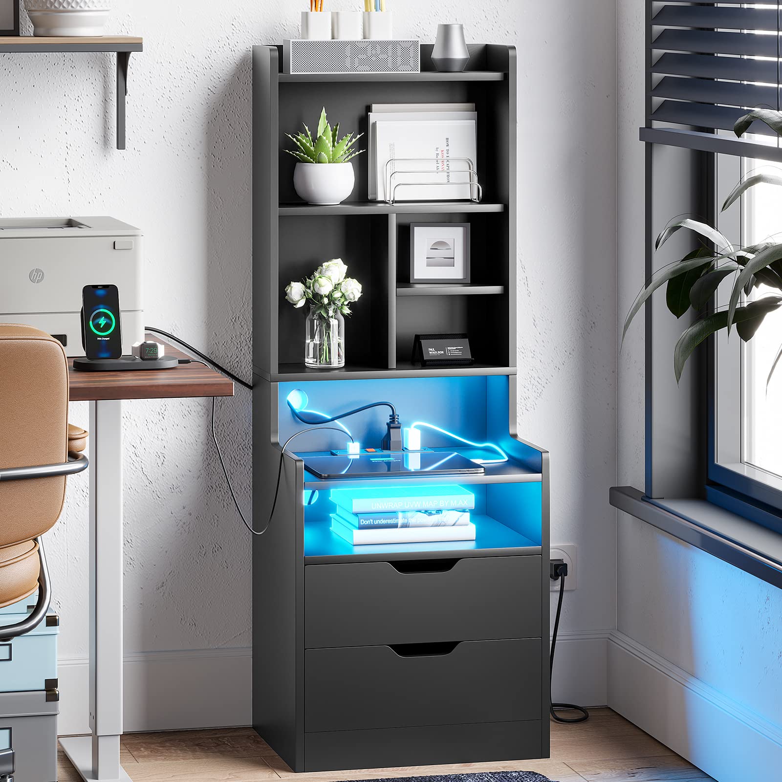 ADORNEVE 2-Piece LED Charging Nightstand Set with Bookshelf & Drawers - Modern Black Bedside Tables for Bedroom | Perfect for Reading, Phone Charging & Bedside Storage