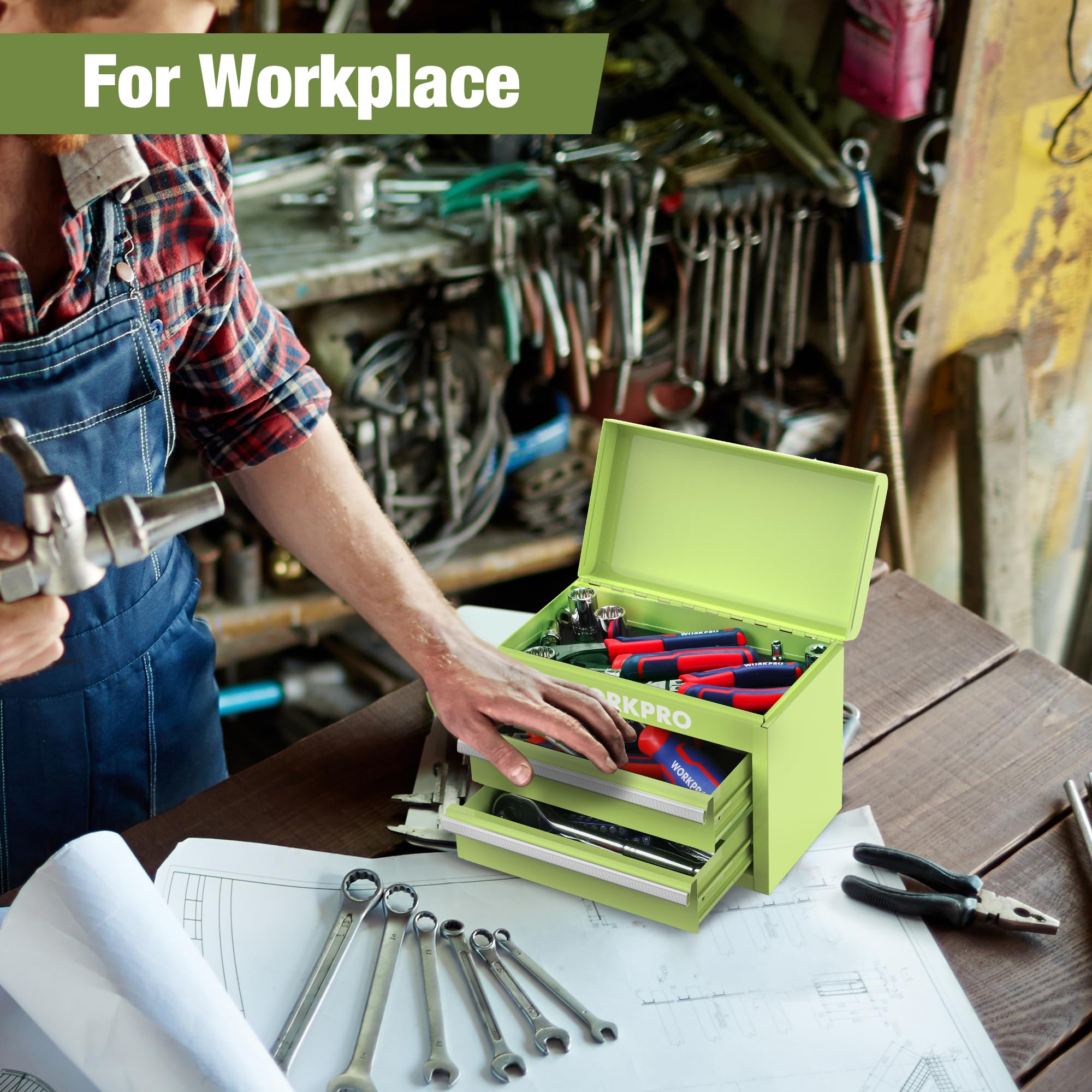 WORKPRO Mini Metal Tool Box with 2 Drawers & Top Storage - Small Steel Tool Chest with PVC Liners, PP Feet Pads & Magnetic Tab - Durable Cold Rolled Steel Toolbox for Home Garage, Workshop & DIY Projects