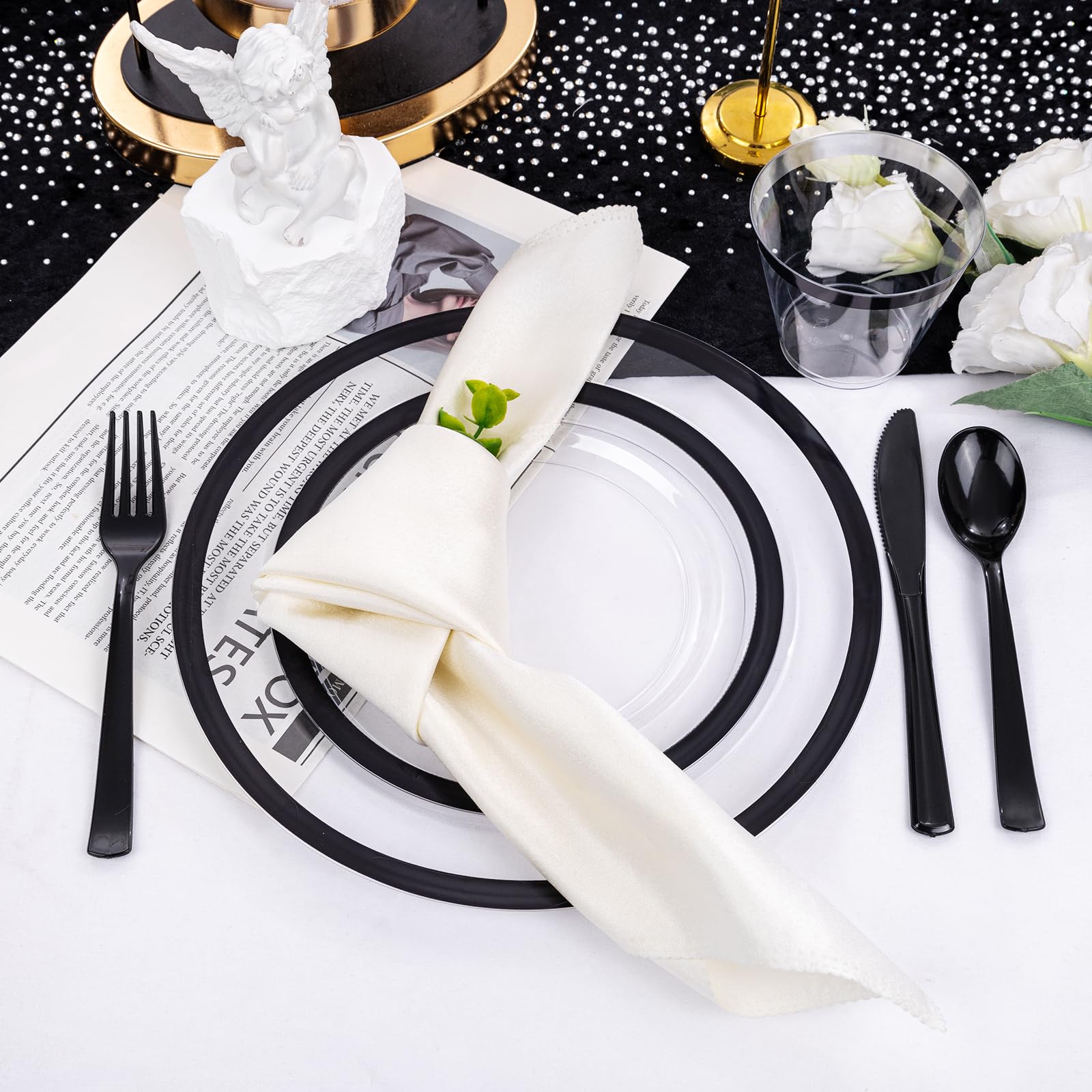 210-Piece Clear & Black Disposable Plastic Plates Set - 30 Dinner Plates, 30 Dessert Plates, 30 9oz Cups & 30 Pre-Rolled Napkins with Cutlery for New Year Parties, Birthday Celebrations & Family Gatherings