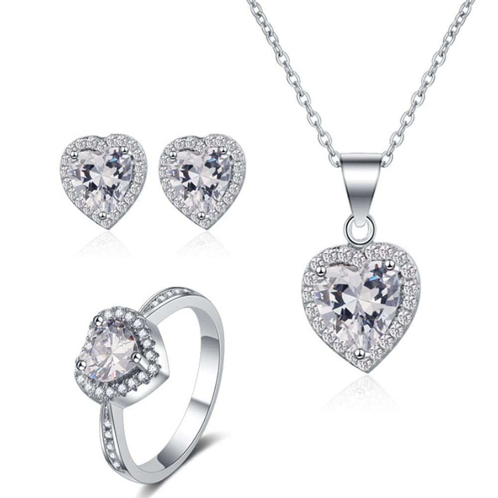 Sterling Silver Cubic Zirconia Halo Pendant Necklace & Stud Earrings Set - Elegant Jewelry Gift for Women, Perfect for Weddings, Anniversaries and Special Occasions