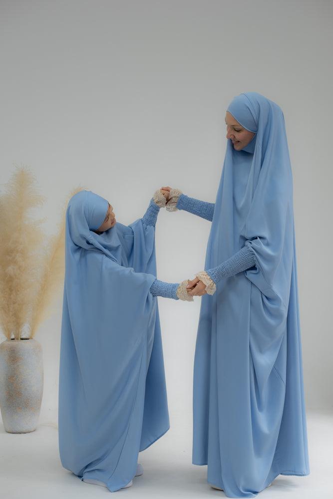 Little Gretaah Khimar Style Prayer Gown for Kids - Sky Blue with Ribbed Sleeve Cuffs | Perfect for Islamic Prayer, Eid Celebrations & Modest Dress