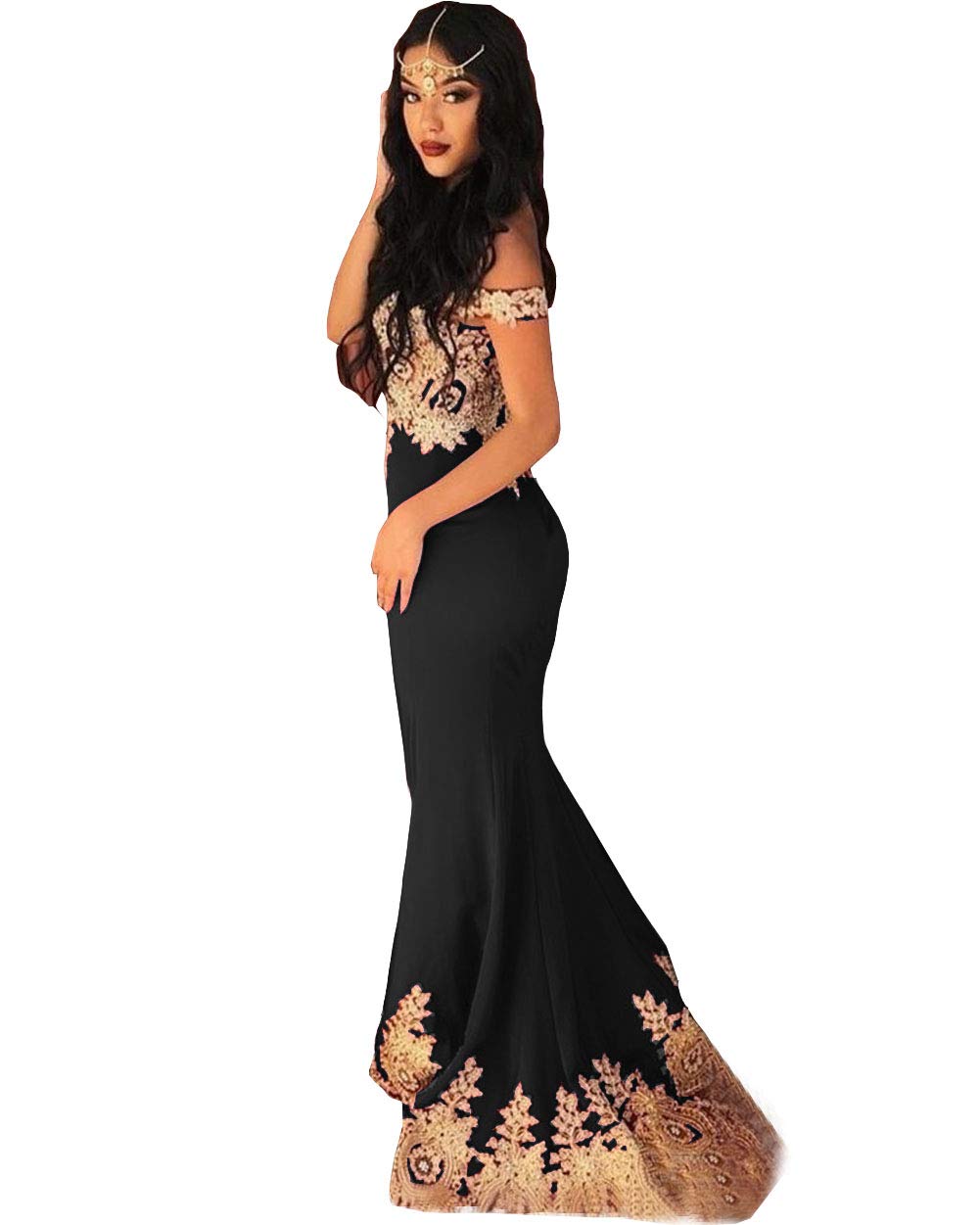 Emanni Women's Gold Lace Applique Mermaid Prom Dress - Off Shoulder Formal Evening Gown for Homecoming, Wedding Guest & Special Occasions