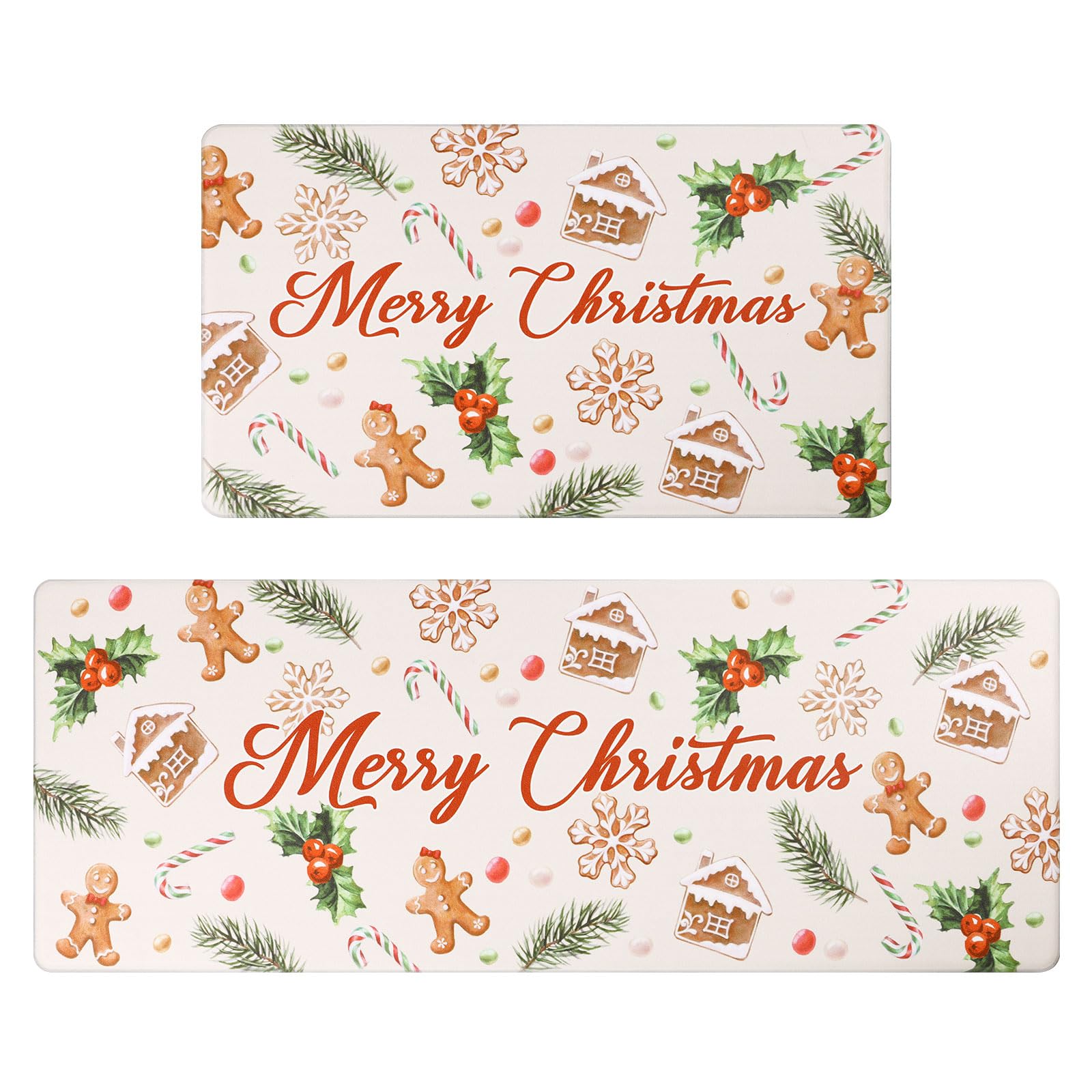 Topotdor Christmas Gingerbread Man Kitchen Mat Set of 2 - Non-Slip Anti-Fatigue Waterproof Holiday Decor Rugs for Winter & Christmas - Perfect for Kitchen, Dining Room, and Holiday Home Decor