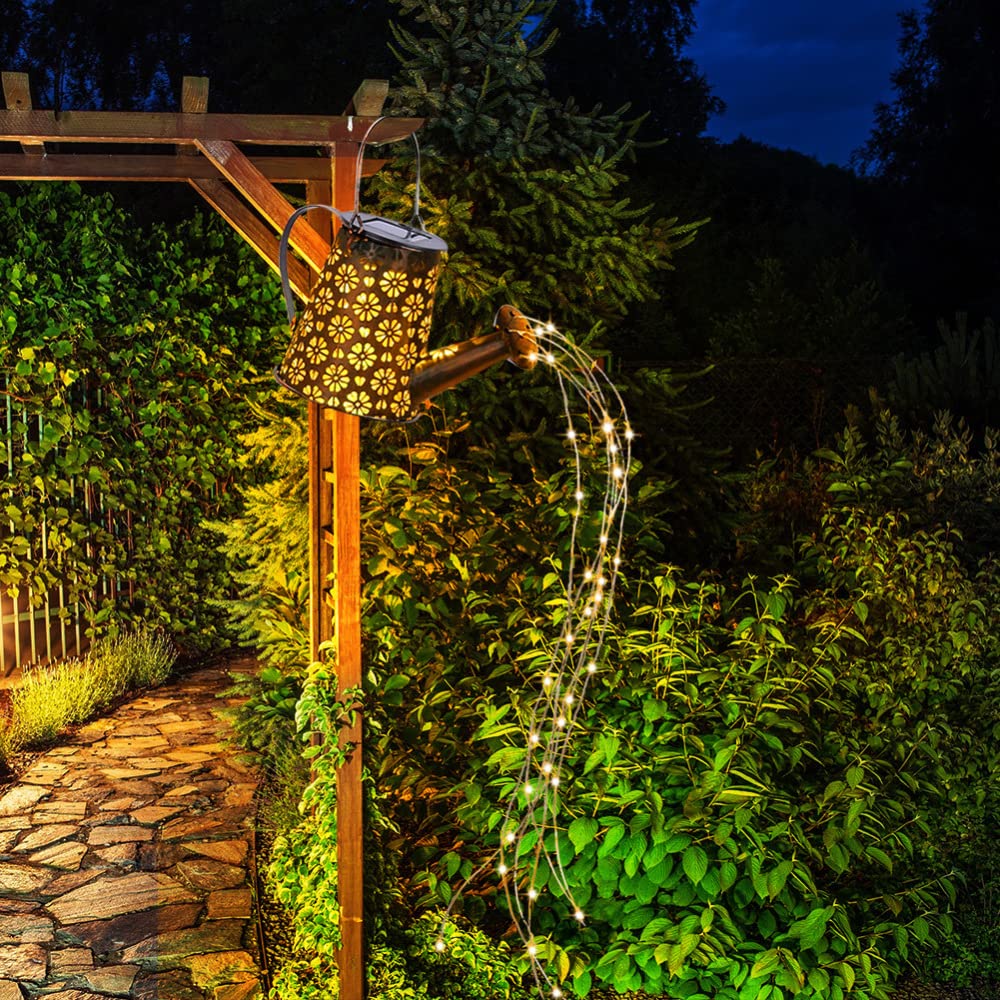 Solar Waterfall Lights - Outdoor Hanging Solar Watering Can with Cascading LED String Lights | Retro Metal Kettle Design for Garden Decor, Patio, Yard & Party Decoration | Waterproof Solar-Powered Landscape Lighting for Backyard, Pathway & Wedding Events