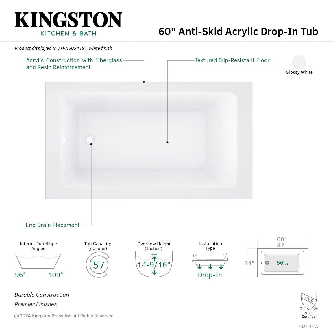 Aqua Eden 60-Inch Acrylic Rectangular Drop-In Bathtub with Anti-Skid Surface - Glossy White - Perfect for Modern Bathrooms & Spa-Like Relaxation