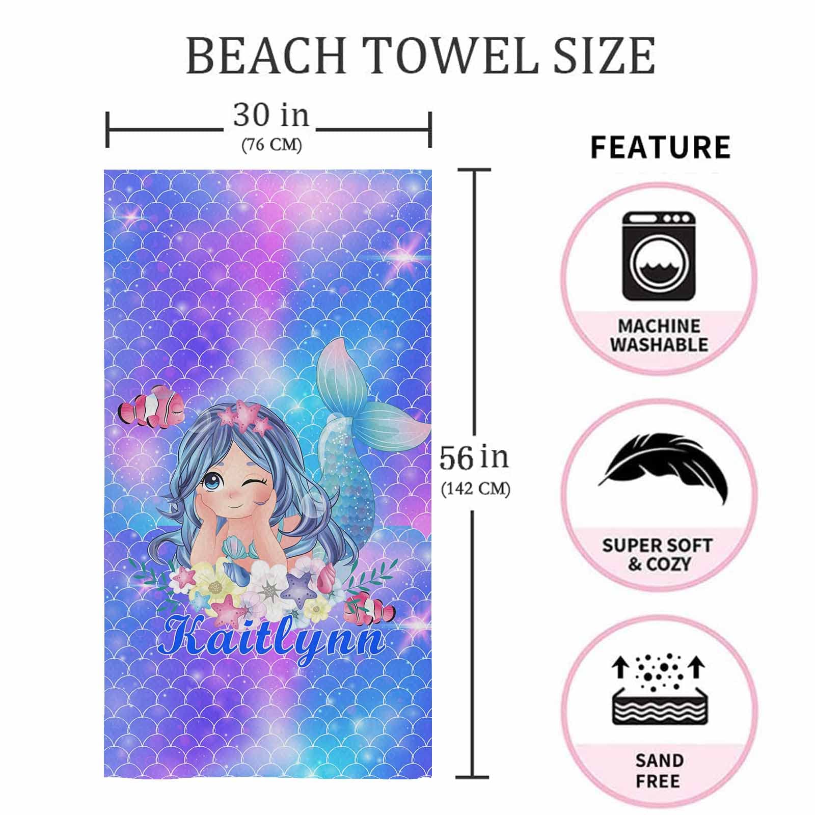YESCUSTOM Personalized Kids Beach Towels - 100% Absorbent Cotton Cute Cartoon Mermaid Design 30