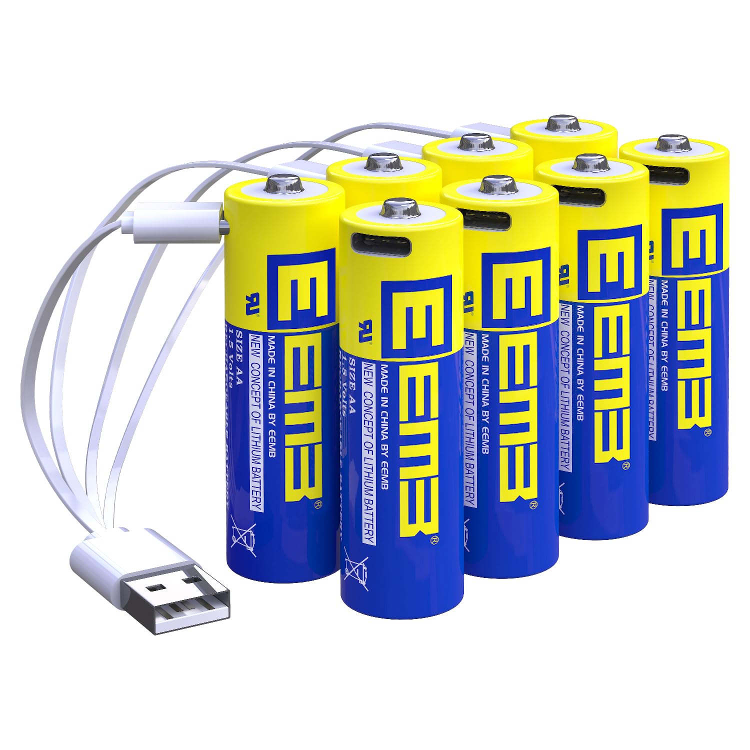 EEMB 8-Pack AA Rechargeable Lithium Batteries 1.5V 2600mWh with USB Type-C & 4-in-1 Charging Cable - Long-Lasting Power for Flashlights, Toys, Cameras, and Electronic Devices