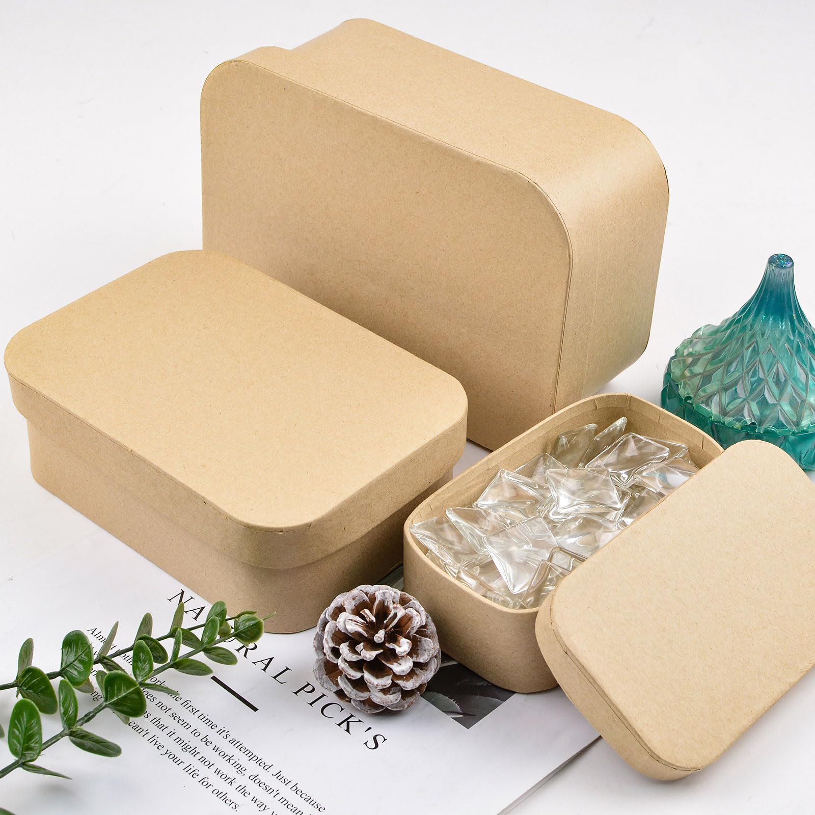 WANDIC Set of 3 Kraft Paper Mache Storage Boxes - Rectangular Hat Boxes with Rounded Corners for DIY Painting, Crafting, Jewelry & Cosmetics Organization | Perfect for Home Decor, Gift Wrapping & Wedding Favors