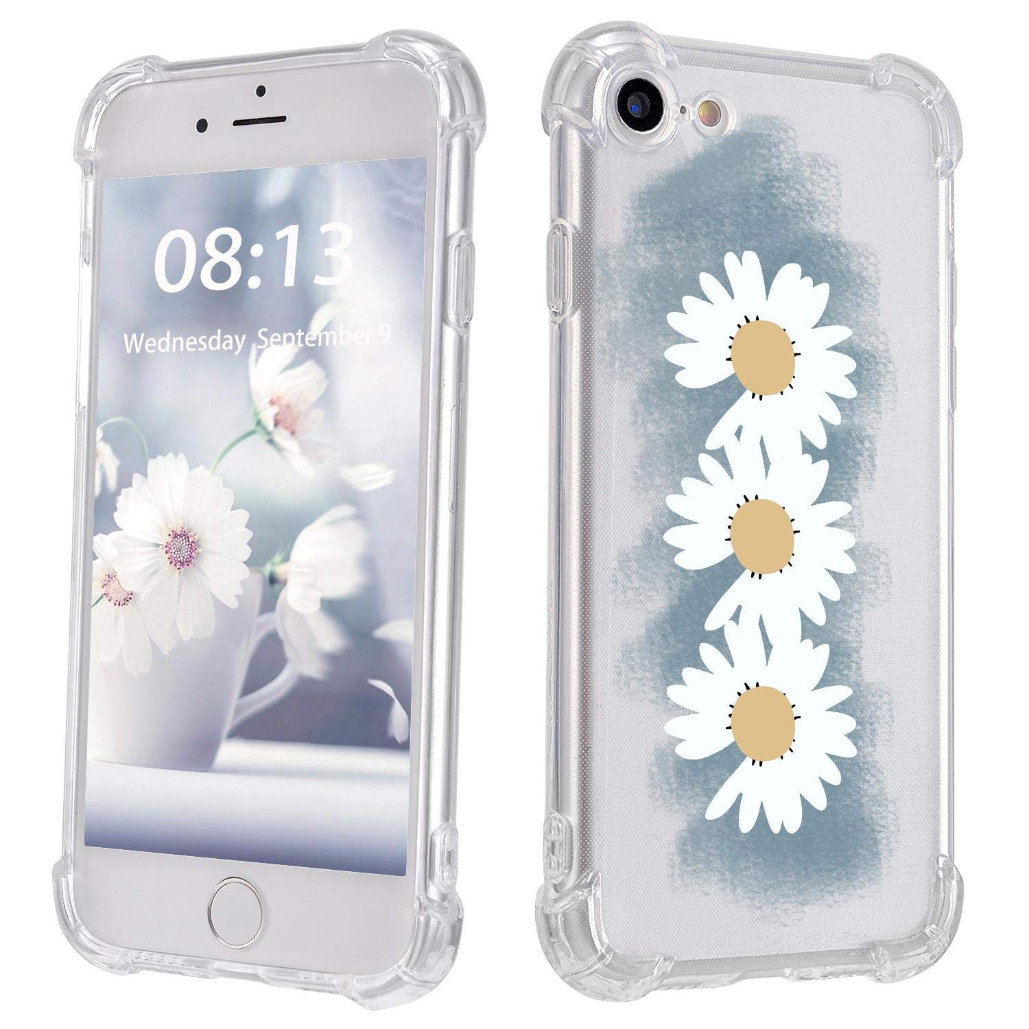 Daisy Flower Petal iPhone 7/8/SE(2020) Case - Ultra Drop-Proof Clear Phone Cover with 4 Corner Airbags for Apple iPhone 7/8/SE 2020 - Grey Floral Design - Perfect for Everyday Protection & Style