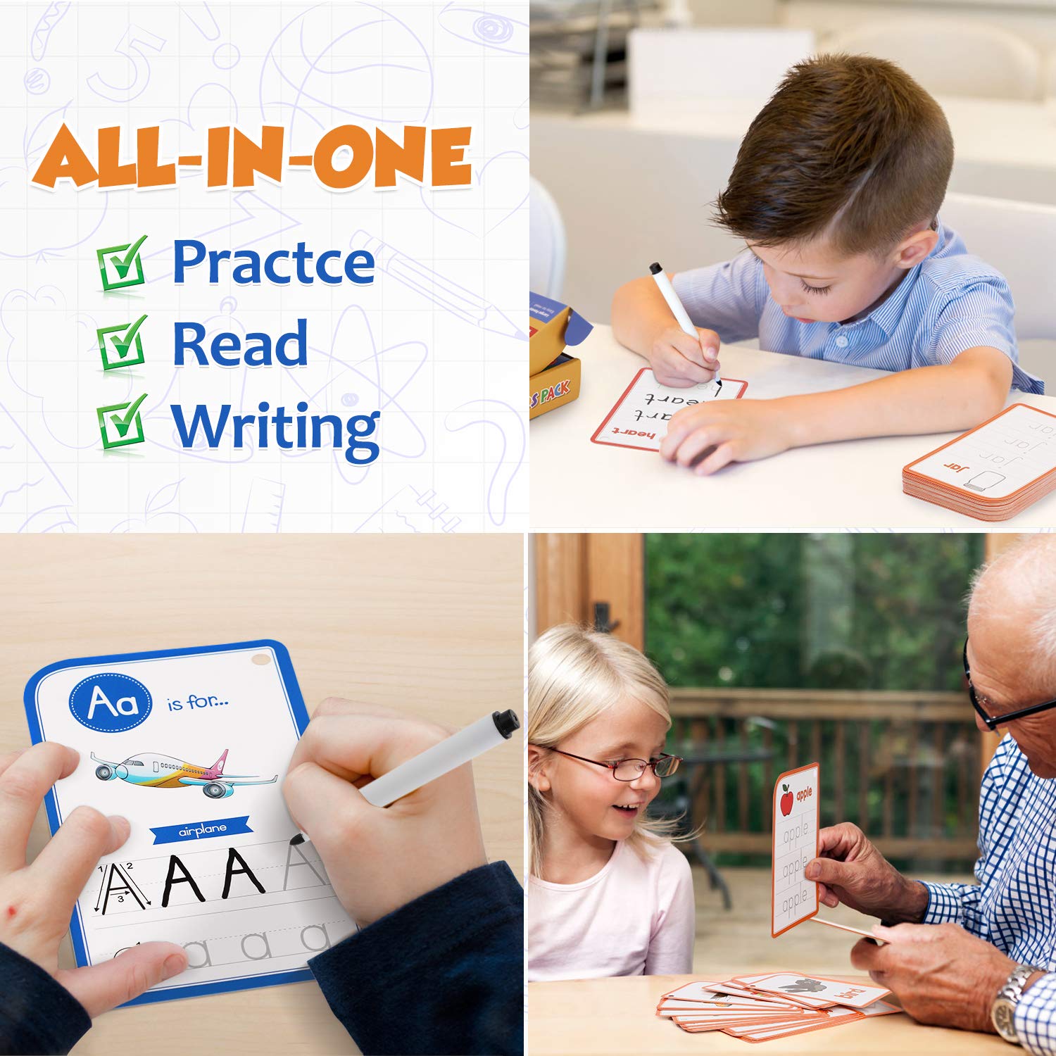 Alphabet Flash Cards for Toddlers - 4 Set Learning Cards for Numbers, Letters & Shapes | Tracing Activities for Kindergarten Kids