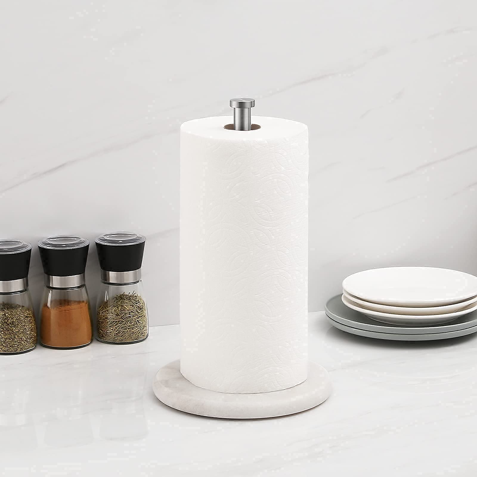 KES Natural Marble Toilet Paper Holder & Kitchen Paper Towel Stand Set - Brushed Nickel Finish (BPH284S1-2 + KPH100-2) | Bathroom & Kitchen Organization | Perfect for Modern Homes and Luxury Spaces