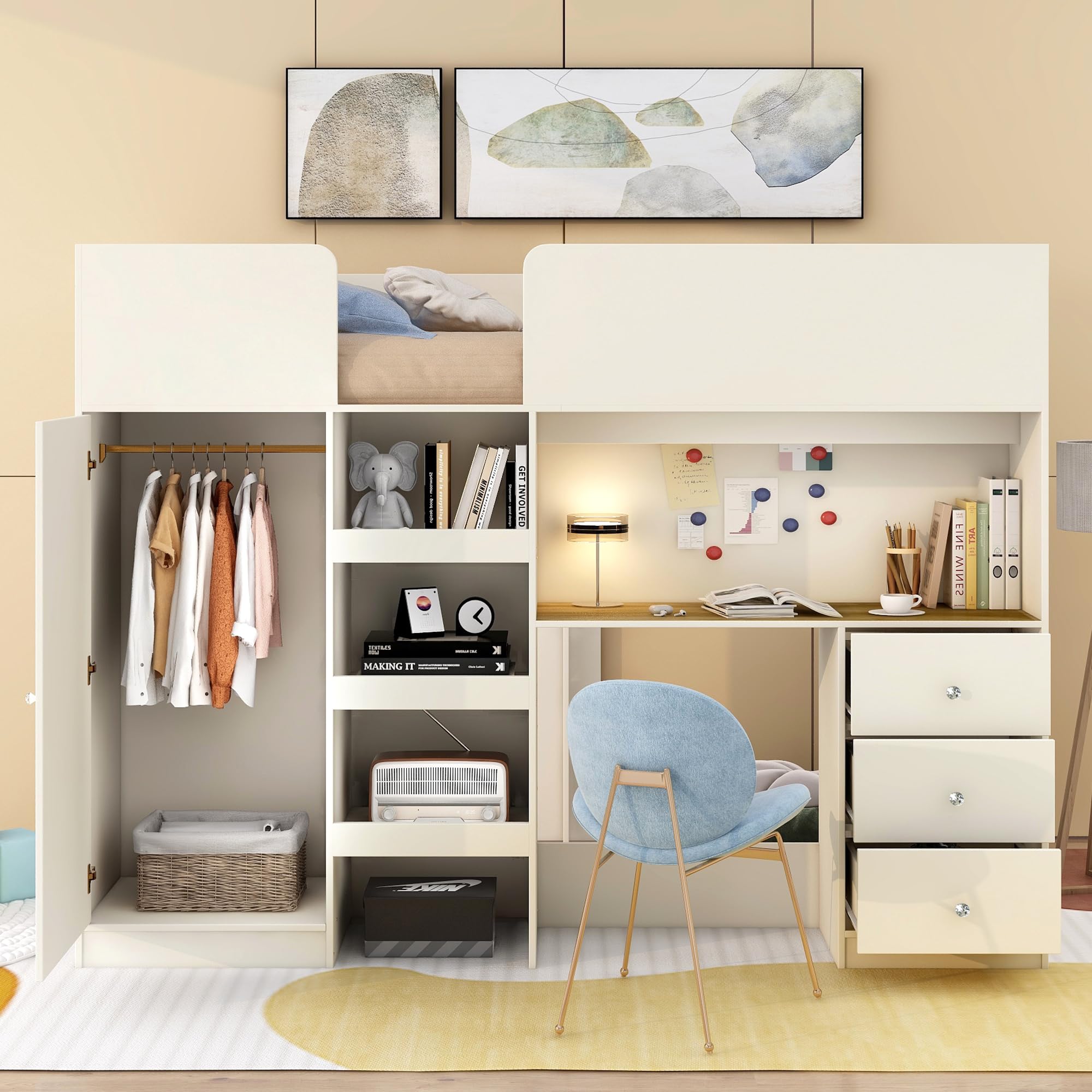 Full Size Loft Bed with Wardrobe & Desk - Sturdy Wooden Frame with Storage Stairs & Built-in 3-Drawer Cabinet - Space-Saving Solution for Kids, Teens & Adults - Perfect for Small Bedrooms, Dorms & Apartments (Beige)