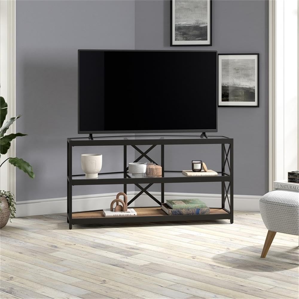 Modern Celine Hexagonal TV Stand with MDF Shelves for 55 Inch TVs - Blackened Bronze & Rustic Oak Finish | Perfect for Living Room, Bedroom, or Home Theater Setup