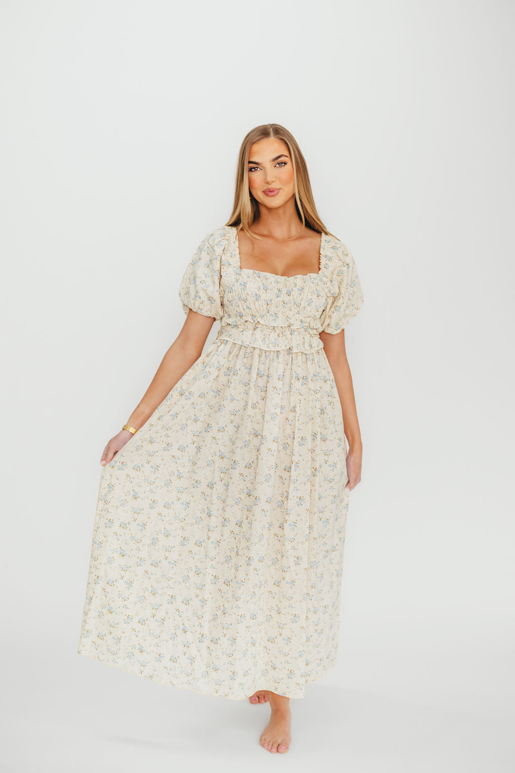 Finley 100% Cotton Peplum Midi Dress - Ivory & Blue - Bump & Nursing Friendly Maternity Dress for Pregnancy & Breastfeeding | Perfect for Casual Outings, Baby Showers & Nursing Dates